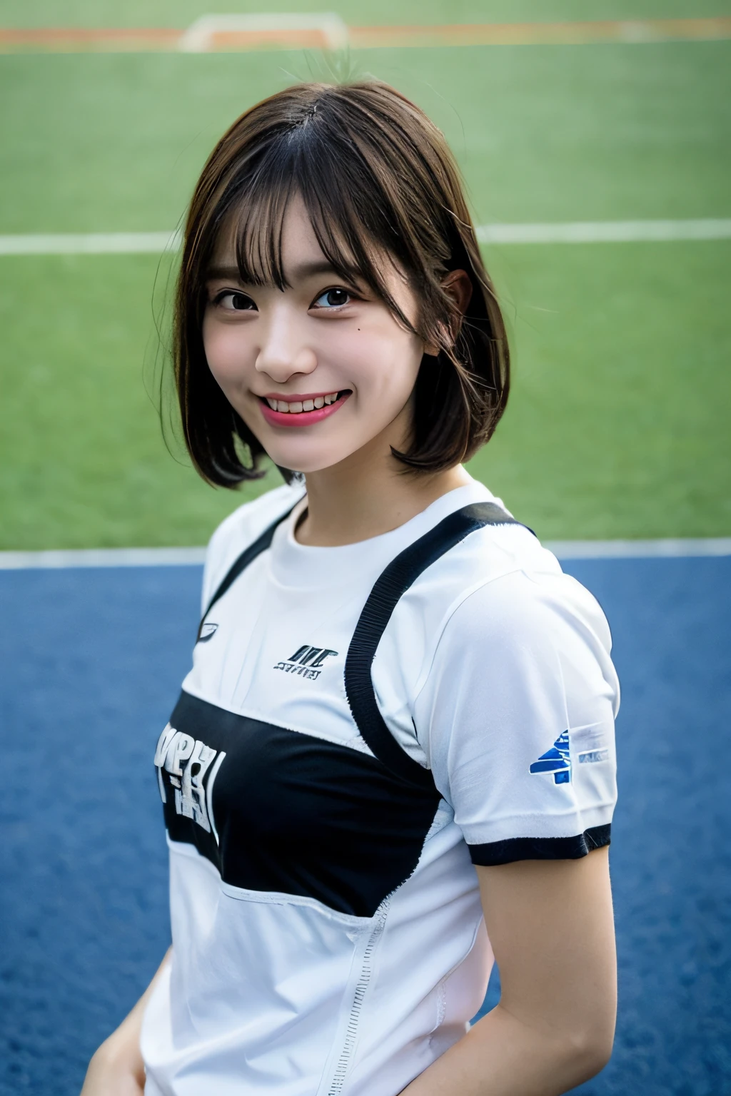 Nice perfect face with soft skin、8K分辨率、A hyper-realistic、ultra-detailliert、top-quality、超A high resolution、professionally lit、Photon Mapping、Radio City、physically-based renderingt、Cinematic Lighting、(athletic field:1.5)、depth of fields、Focusing、Good composition、1人、(full bodyesbian:1.4)、(Keep your mouth shut)、Beautiful eyes、the pose、Constriction、Marathon Uniforms、A dark-haired、Unkempt hair、Cowboy short hair fluttering in the wind、(Doing a marathon:1.3)、Mature mature young woman、Sareme、Super cute