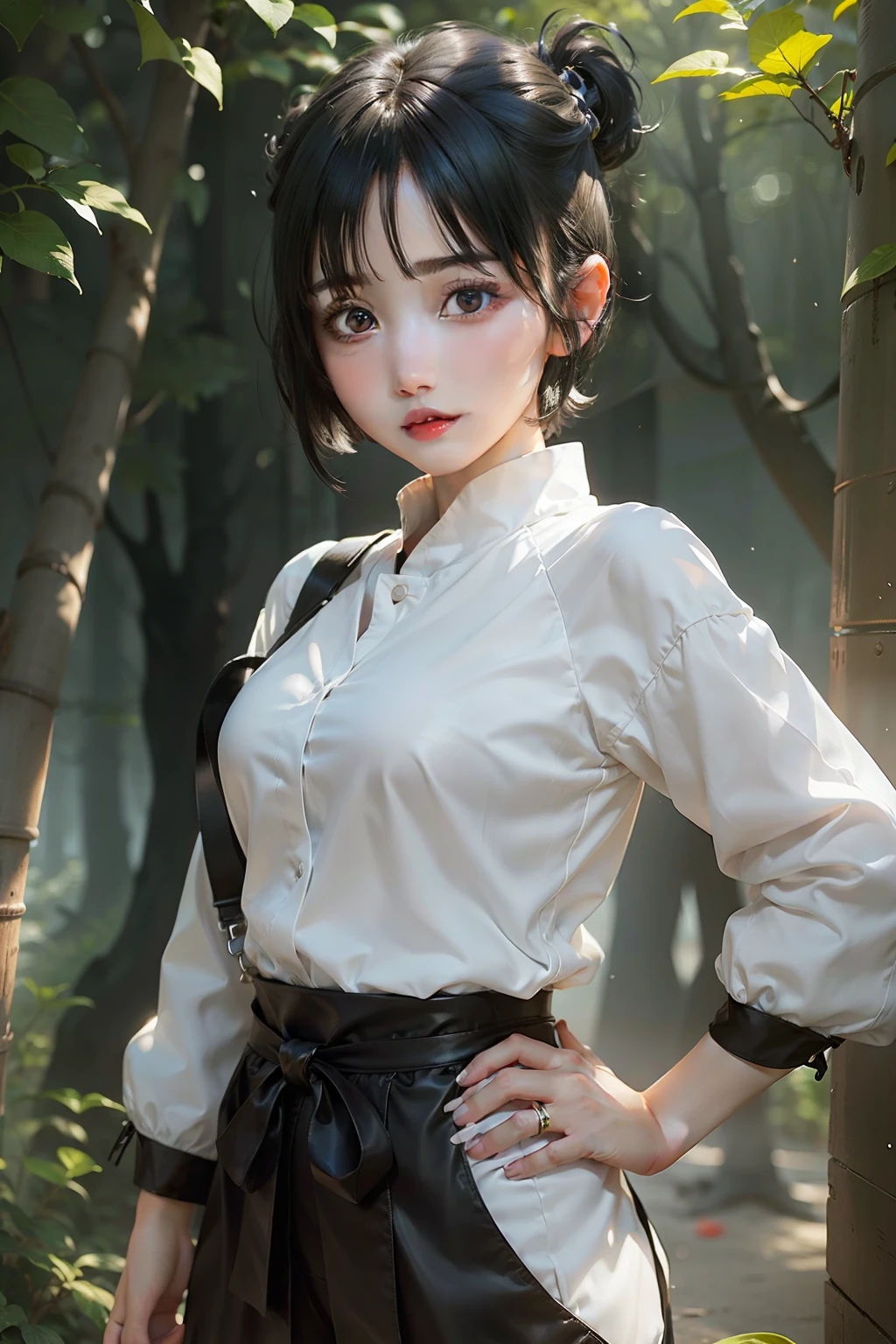1girl, tenten, black hair, short hair, black eyes, white clothes, realistic, ultra detail