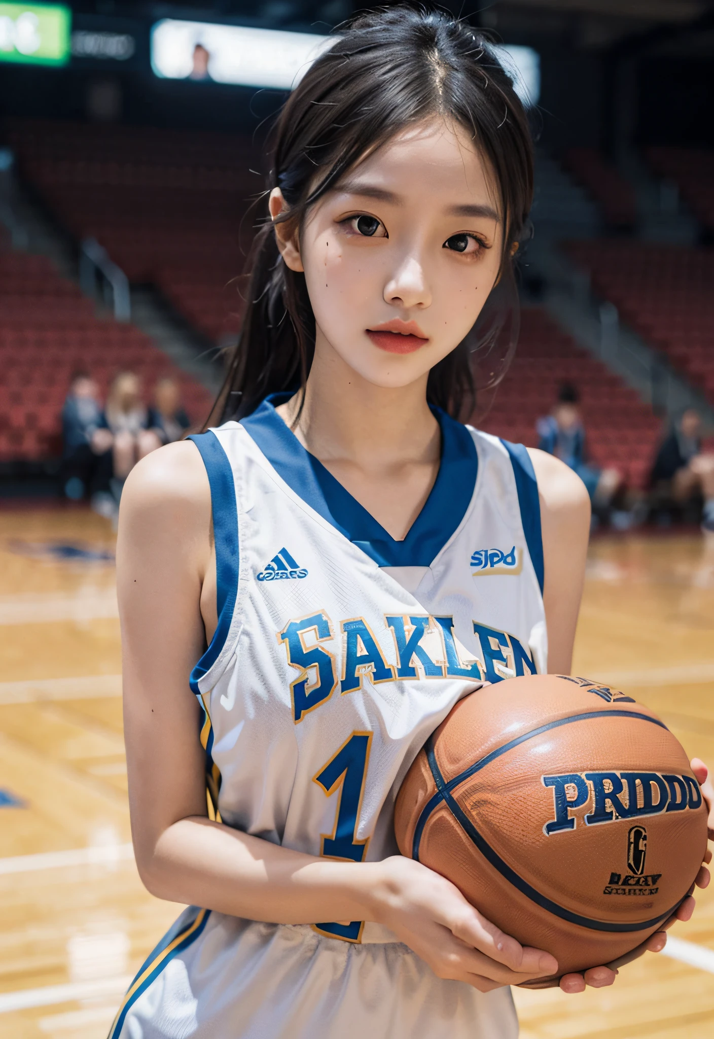 （ best qualtiy， tmasterpiece：1.2），A high resolution，8K,1girll，Delicate face，real looking skin，Dynamic light and shadow,Sharp focus,depth of fields,The eyes are delicate,pupil realistic, Playful expression， wear basketball uniform，（perfect bodies），（Big breasted 1.1），basketball playground，realisticlying, ultra - detailed, (shiny skins, perspired:1.4), looking at viewert,