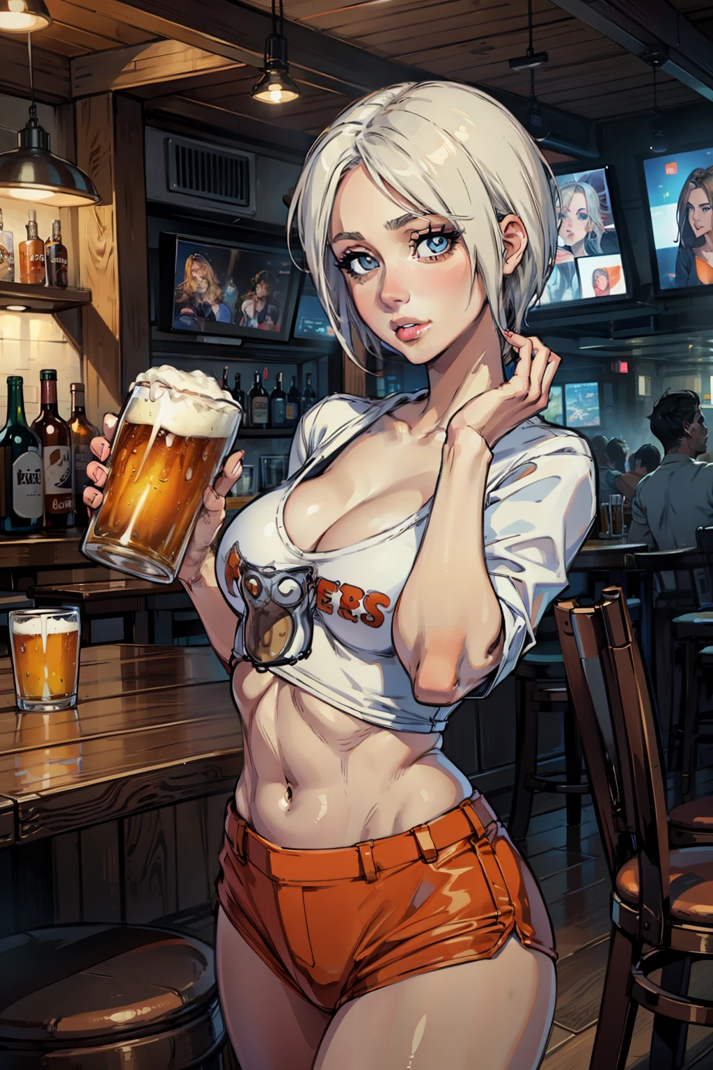 masterpiece, perfect eyes, anime, full body, perfect face, makeup, young woman, AngelMS, realistic photo, Hooters, beautiful face, perfect face, masterpiece, holding beer mug in bar, orange shorts, white shirt,