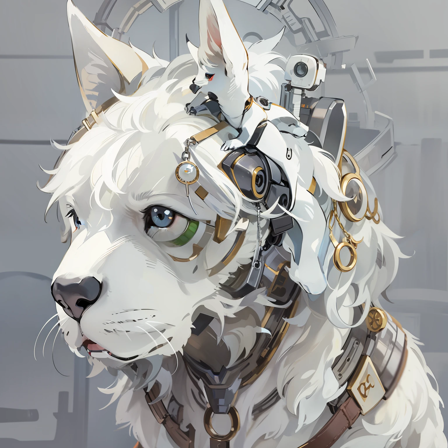 Q version,quadratic element,Fierce mechanical white dog,Background with:white colors,best qualtiy