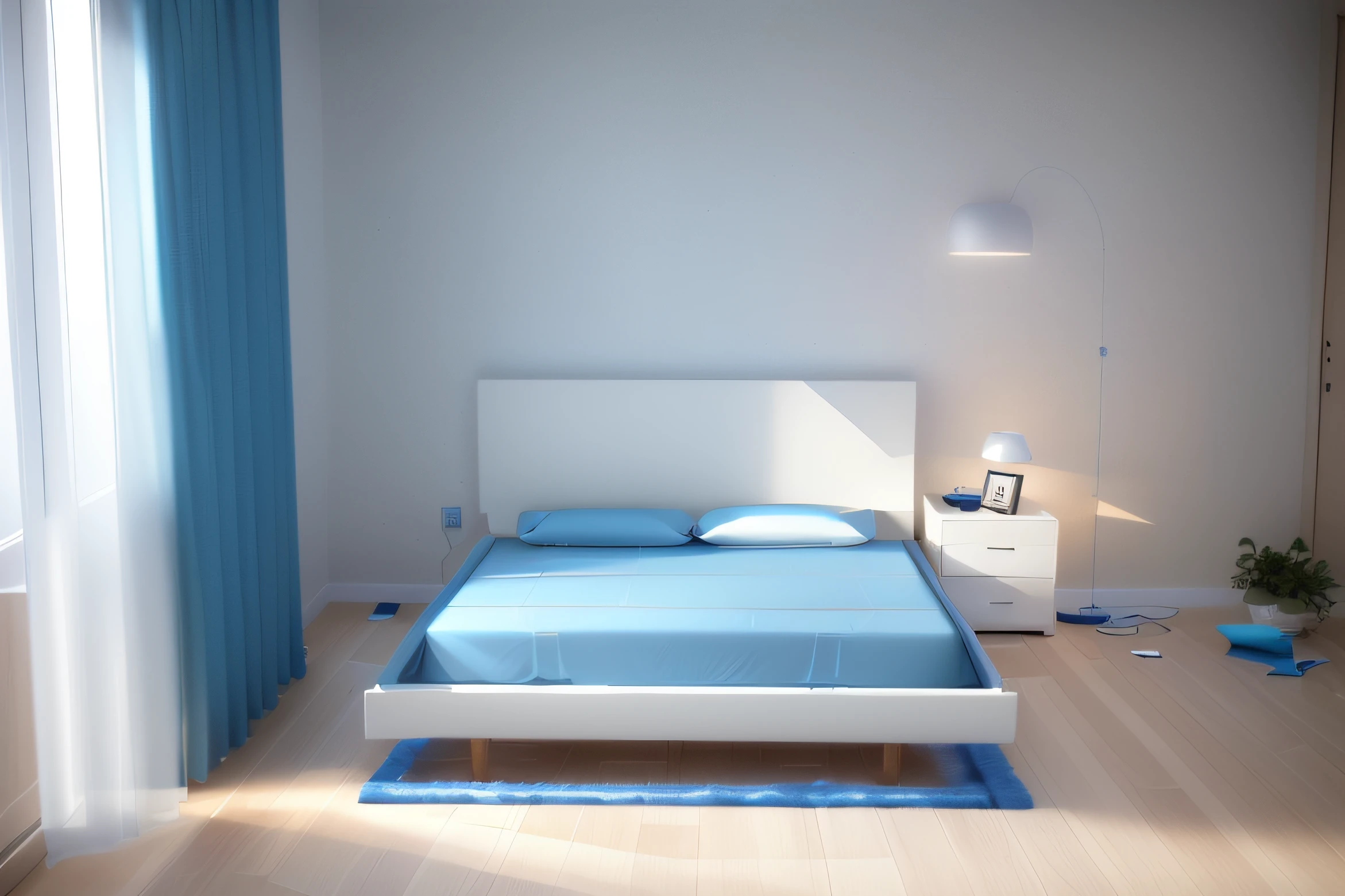The room had a bed with a blue mattress, bed is not made, un made bed, Bed, Bed room, product introduction photos, bed on the right, product introduction photos, large comfy bed, small bed not made, comfortable, soft. High quality, modern minimalist f 2 0 clean, White bed, Beds, Product photo