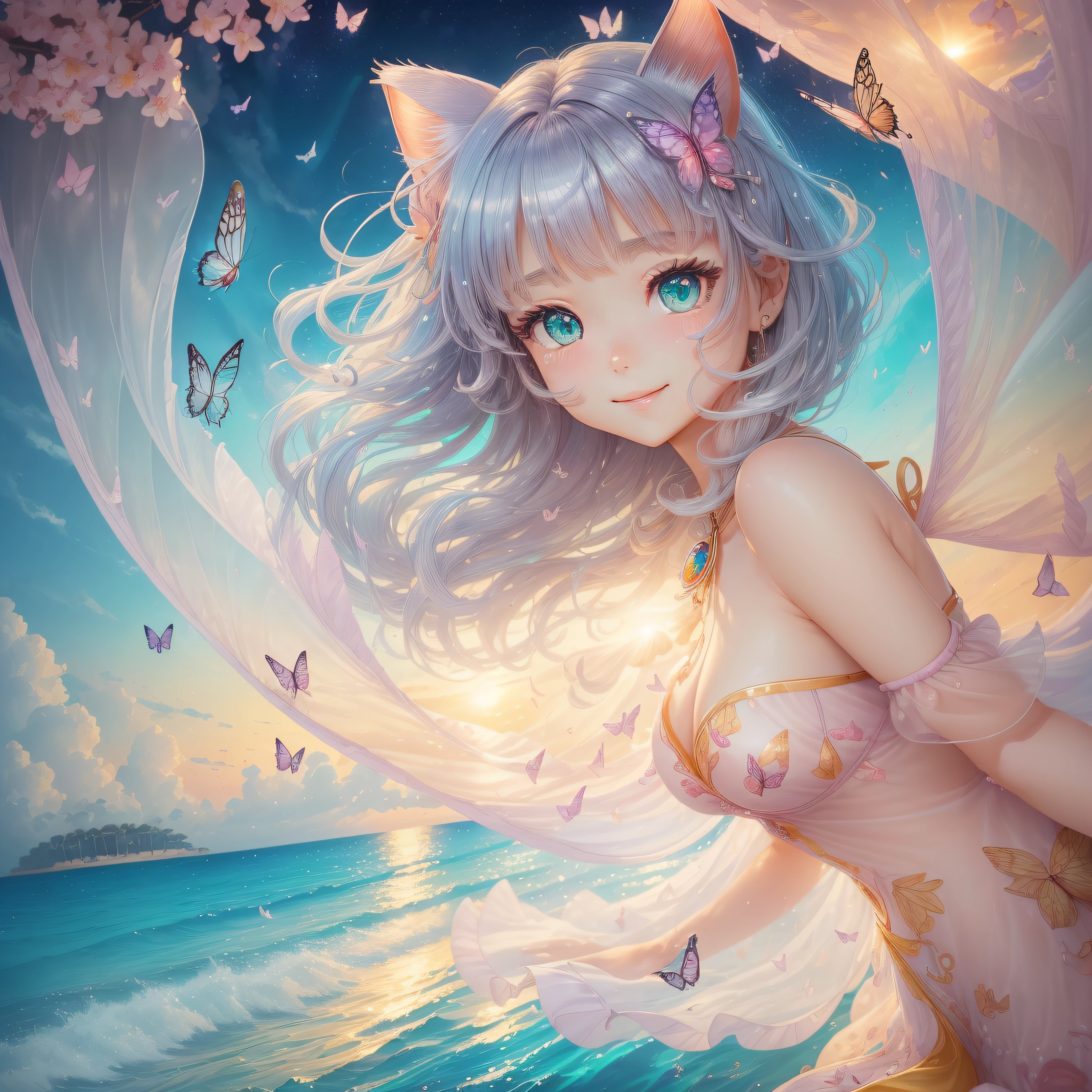 The beach is covered with colorful and transparent smooth stones:1.5、Orange in the sky、pink there、Absolutely enchanting sunset on the beach mixed with yellow。The water is crystal clear、Kiss the shore softly、White sand beach stretches out as far as the eye can see。Seagulls soar high into the sky、Palm trees gently sway, etc.、It's a dynamic and breathtaking scene。Enjoy the calm atmosphere、Surrounded by tranquility。Close up of a smile with the corners of the mouth raised、Close up of a smile with the corners of the mouth raised、Close up of a smile with the corners of the mouth raised、round and clear eyes、round and clear eyes、Shining eyes、Shining eyes、Beautiful 20 year old woman、dreamlikeart、Highly detailed airbrush art(((Surreal))、intricate detailes、Volumetric lighting、(masterpiece:1.2)、(top-quality)、The ultra-detailliert、(The composition of the movement:1.4)、Highly detailed colorful details、(Irridescent color:1.2)、(Bright lighting、Atmospheric lighting)、dream-like、Magical、dynamic compositions、Ray traching、The mirror reflects light、Shallow depth of field、crazy detail details、ultra-detailliert、mixing exposure、nffsw、Super masterpiece、vivd colour、colourfull、One woman's face、((Cute cat in clothes)),Anthropomorphic representation, Rich colors, exquisitedetails, (masutepiece,Best Quality:1.5), (Butterfly exquisite CG), (High resolution:1.5)、(big eye:1.2)、(deep dark green eyes、Sapphire green eyes、round and large eyes、radiant eyes)(Smile with the corners of your mouth raised、Open your mouth a little、lipgloss)、(bangss、short silver hair)
