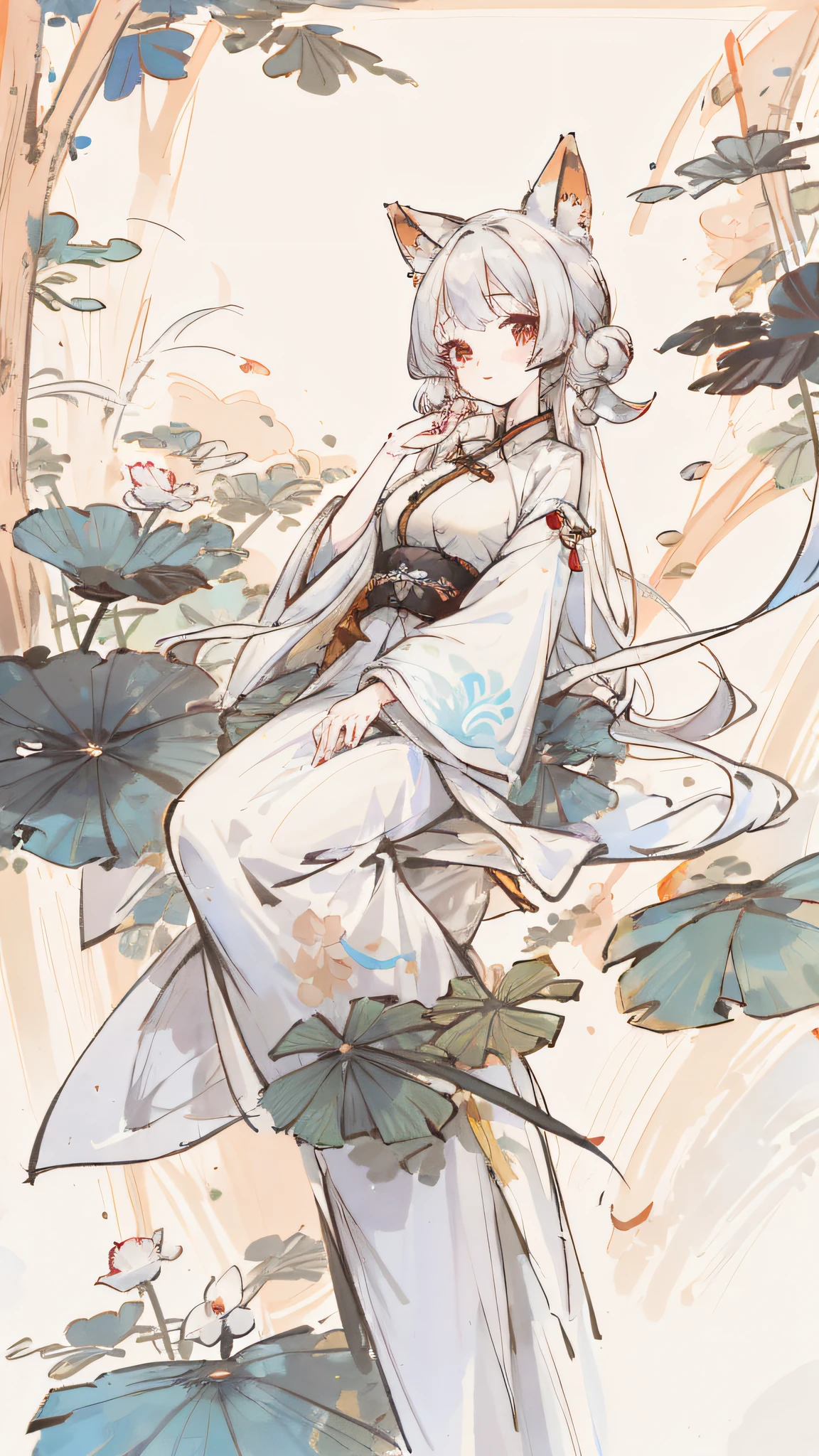 ((4K,Masterpiece,Best quality)), shuimobysim, Traditional Chinese painting, lotuses, Hanfu, maxikit, dress conservatively 1 girl, Bigchest，独奏, White hair, fox ear, white colors, The fish, lots of fish near the boy, looking at the viewer only,Tease oneeshota,