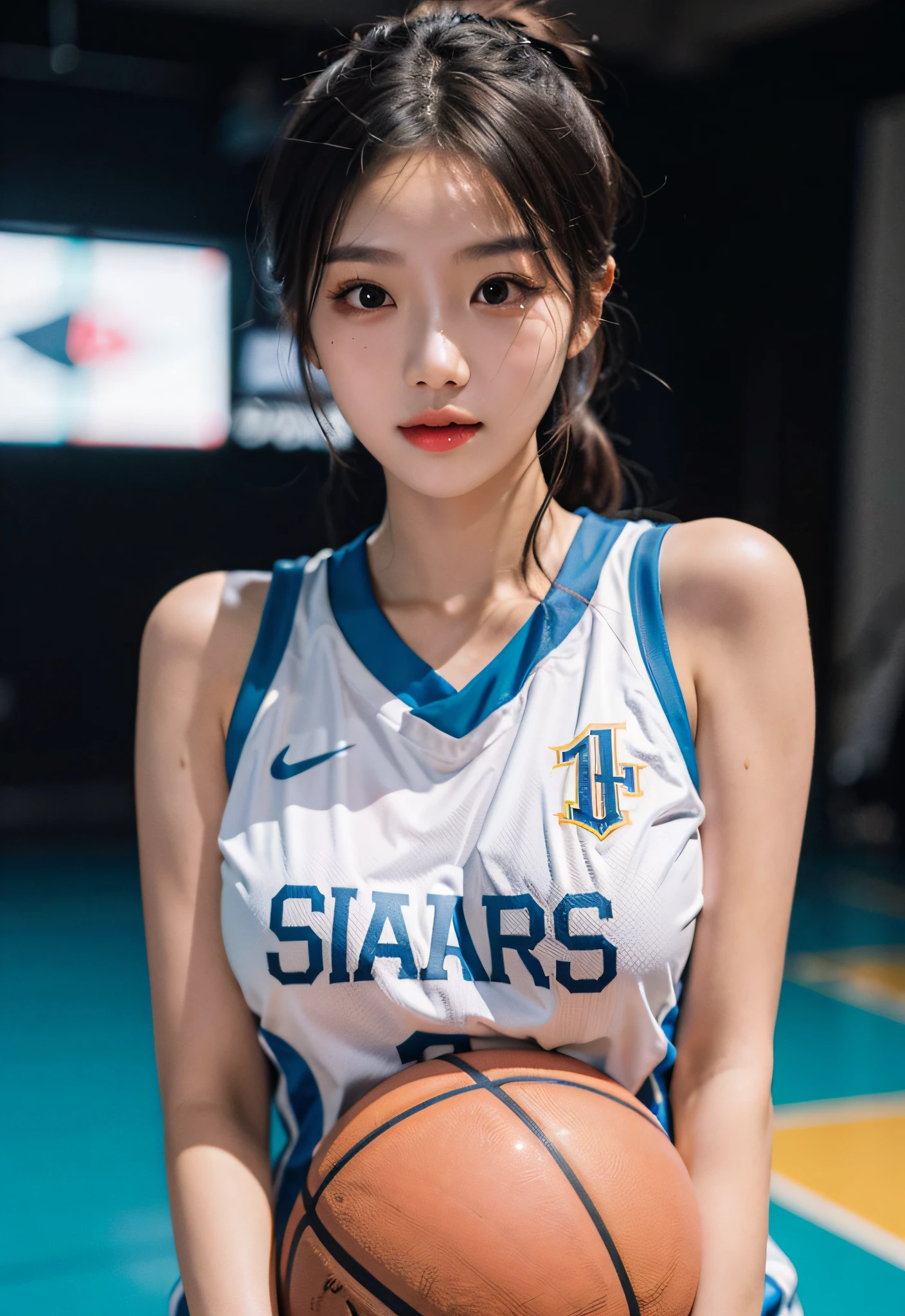 （ best qualtiy， tmasterpiece：1.2），A high resolution，4K,1girll，独奏，Delicate face，real looking skin，Dynamic light and shadow,Sharp focus,depth of fields,The eyes are delicate,pupil realistic, Playful expression， wear basketball uniform，（perfect bodies），（Big breasted 1.1），basketball playground，realisticlying, ultra - detailed, (shiny skins, perspired:1.4), looking at viewert,