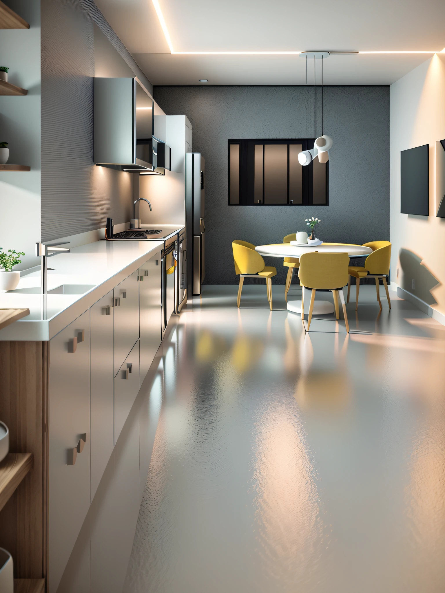 a rendering of a kitchen with a dining table and chairs, cozinha tons claros, ceramic floor, piso branco, parede com quadros, cristaleira iluminada de vidro, lustre aceso, teto iluminado, renderizado no enscape, 3D-rendering, 3D rendering, Detailed rendering, enscape render, 2 d render, concept eclectic, detailed 3d render, detailed 3d render, perspective view, insanely detailed rendering, comprehensive 2 d render, low angle dimetric rendering, vue 3d render, piso branco, piso claro,