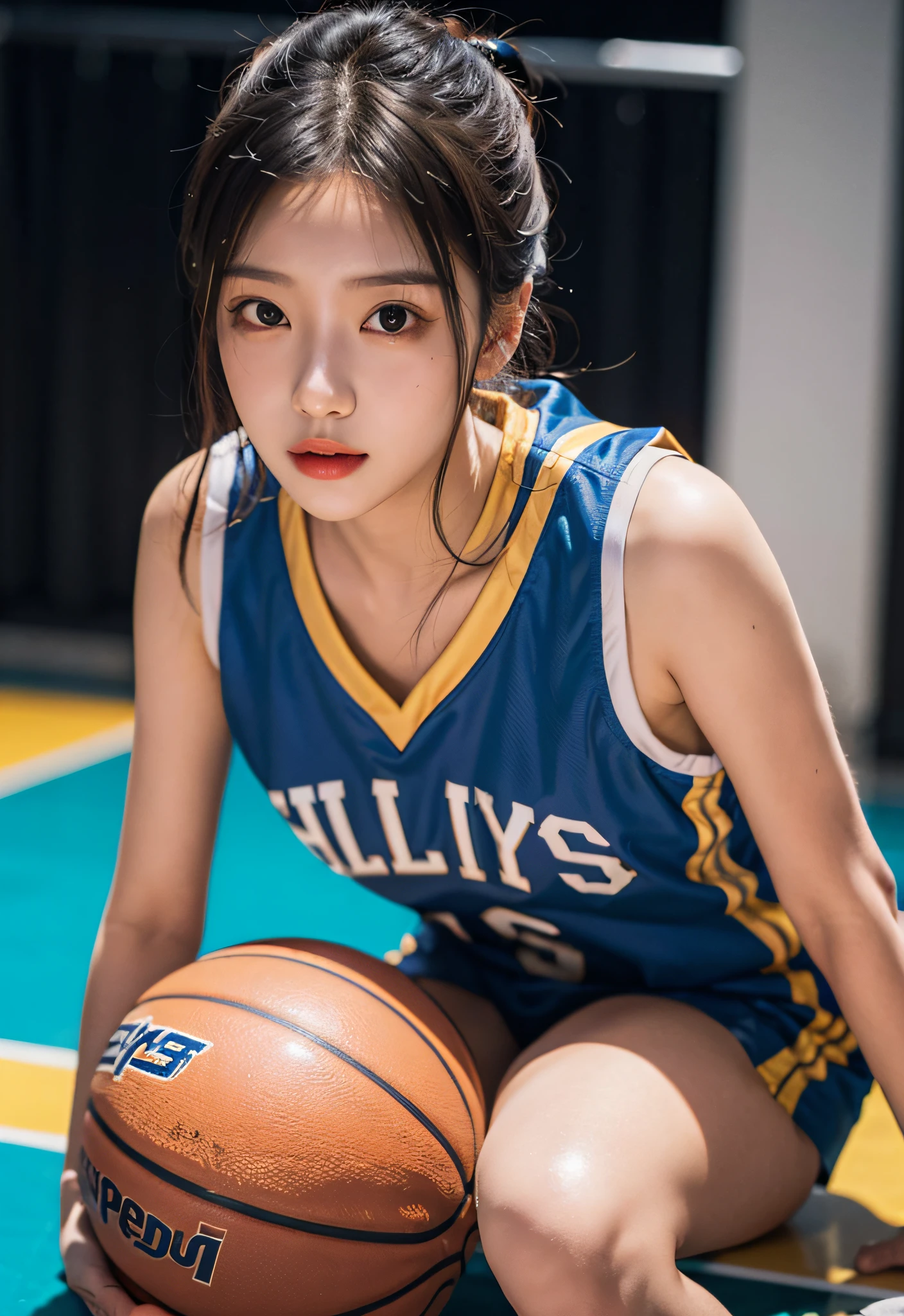 （ best qualtiy， tmasterpiece：1.2），A high resolution，4K,1girll，独奏，Delicate face，real looking skin，Dynamic light and shadow,Sharp focus,depth of fields,The eyes are delicate,pupil realistic, Playful expression， wear basketball uniform，（perfect bodies），（Big breasted 1.1），basketball playground，realisticlying, ultra - detailed, (shiny skins, perspired:1.4), looking at viewert,