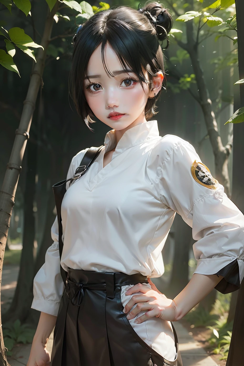 1girl, tenten, black hair, short hair, black eyes, white clothes, realistic, ultra detail