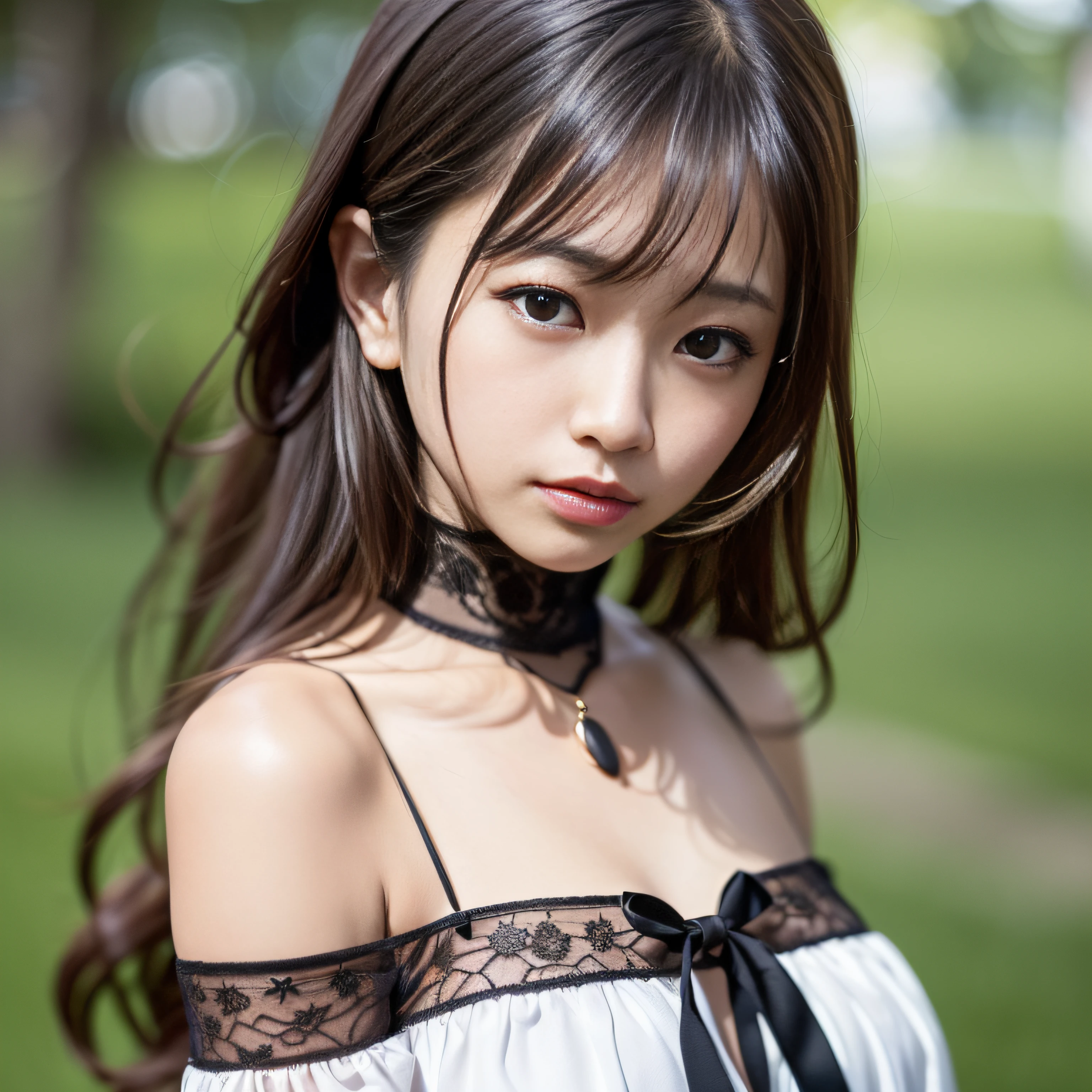 (1girll,Numerical portrait:Park Chao-yeon:1.2),黑The eye,Beautiful face,(Face with a thin skeleton+s delicate face:1.3),hyperdetailed face,(Delicate Japanese makeup:1.2), ssmile,looks into camera,(鎖骨:1.2),Slightly curly hair,(Messy and layered, By bangs),Bust avatar,adolable,silk dress,((Hasselblad photograp)),Realistic photography,exquisite detailing,8k wallpaper