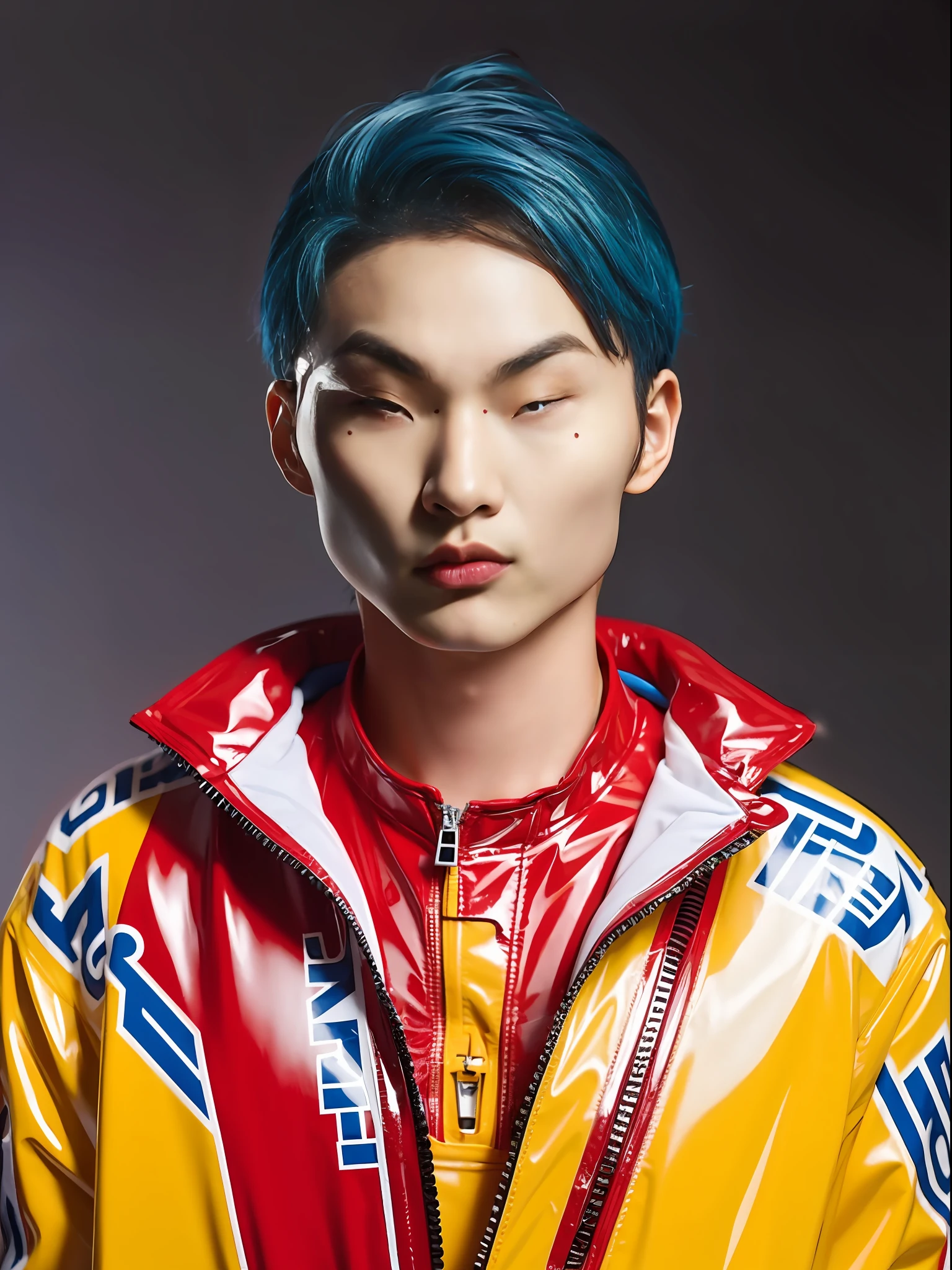 A 16-year-old male high school student,Wearing a PVC red racing suit,There are zippers,blue hairs