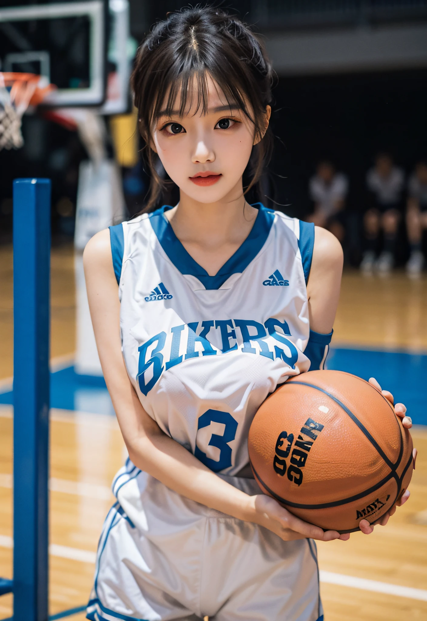 ( best qualtiy, tmasterpiece:1.2),A high resolution,4K,1girll,独奏,Delicate face,real looking skin,Dynamic light and shadow,Sharp focus,depth of fields,The eyes are delicate,pupil realistic, Playful expression, wear basketball uniform,(perfect bodies),(Big breasted 1.1),basketball playground,realisticlying, ultra - detailed, (shiny skins, perspired:1.4), looking at viewert,