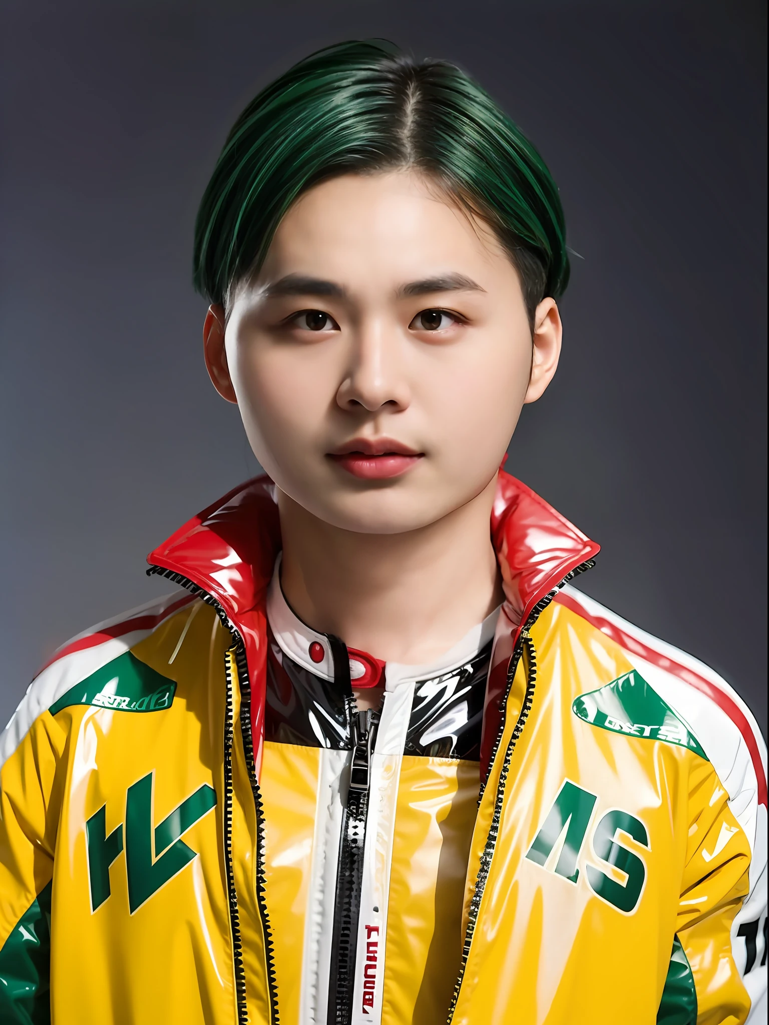 A 16-year-old male high school student,Wearing a PVC red racing suit,There are zippers,Green hair