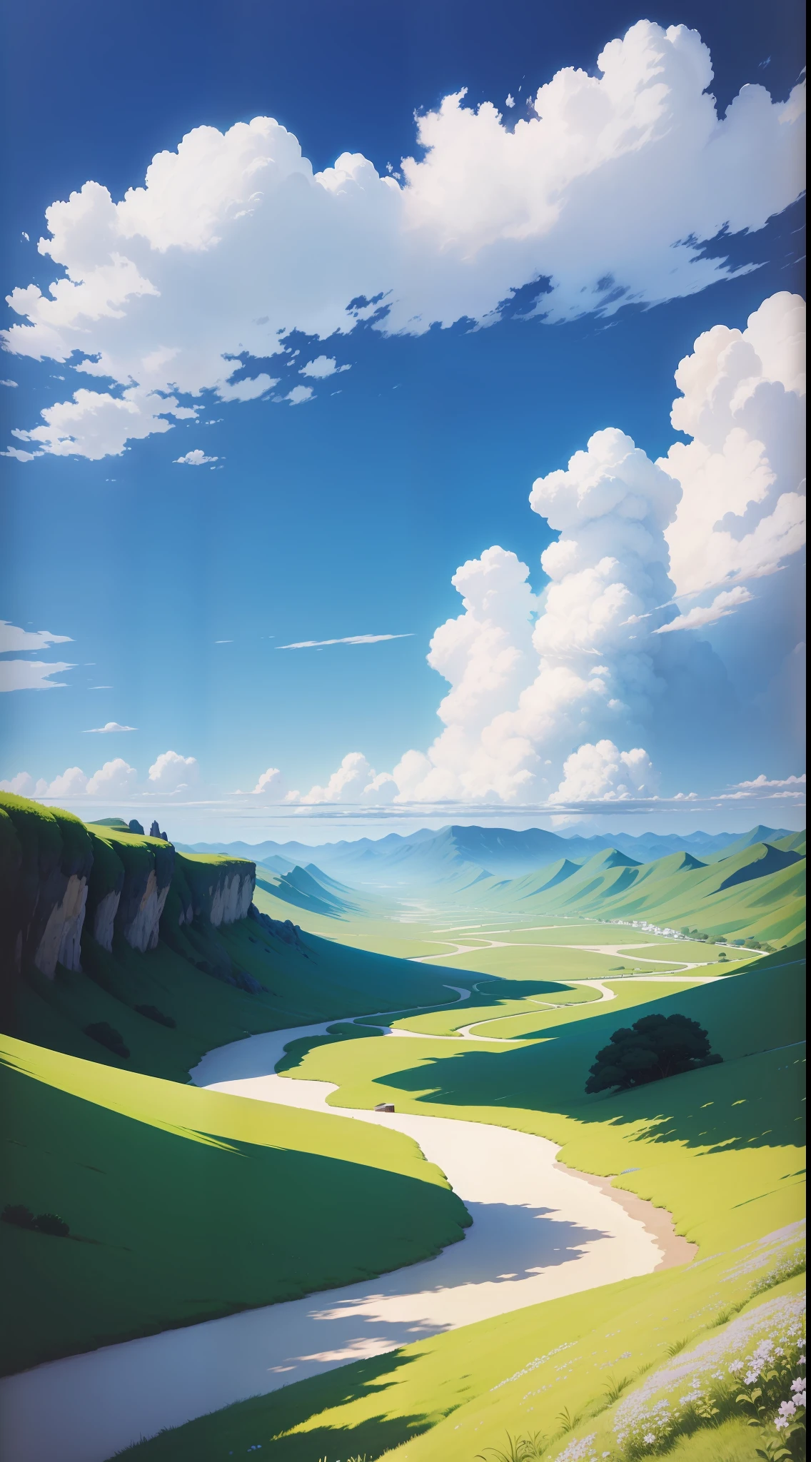 photorealestic,Realiy,Beautiful and amazing landscape oil painting Ghibli Studio Miyazaki petals steppe with blue sky and white clouds 。 --v6