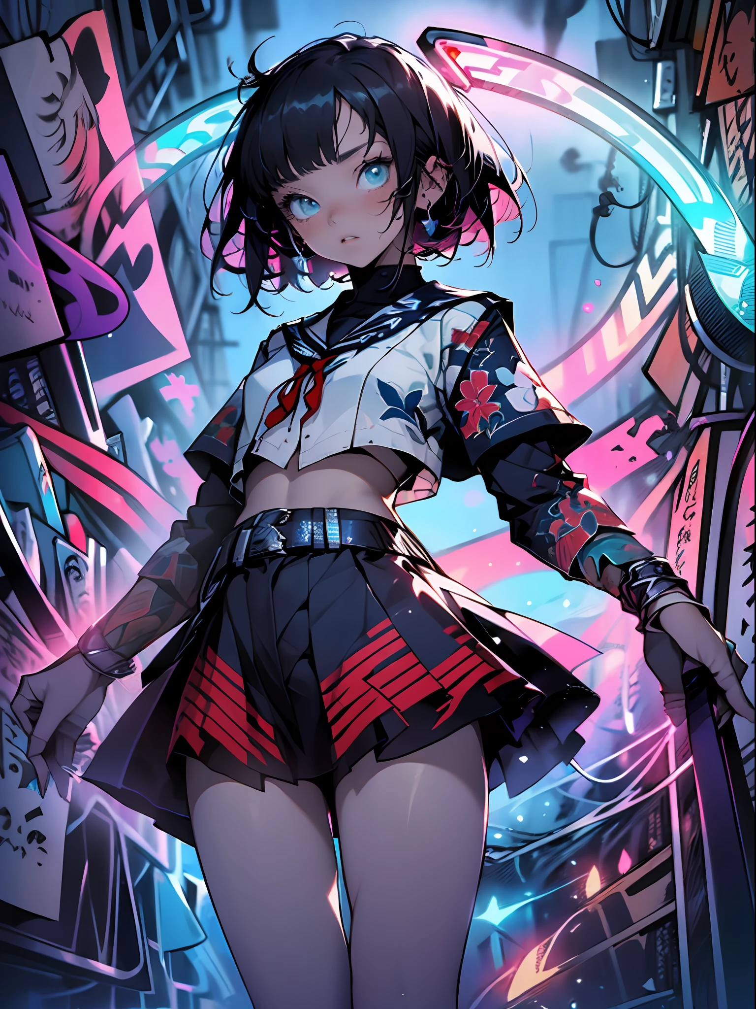 NSFW, masterpiece, Best quality, Ultra high definition, Maximum resolution, Very detailed, Professional lighting, anime, single girl, slender, very cute, 1girl, 12 year age, samurai sword, ((very short bobcut hair)) jetblack hair, ((flat hair)) (((White footwear))) particle, wind, looking at viewer, ((blue dark school sailor costume)) (((red ribbon))), thin body, monsters in background, orange neon backlighting, whole body, pose, (((deep nigth))) ((dark alley)) (((dark ambient))) ((((cool angle)))) (((deep blue and cyan palette)))
