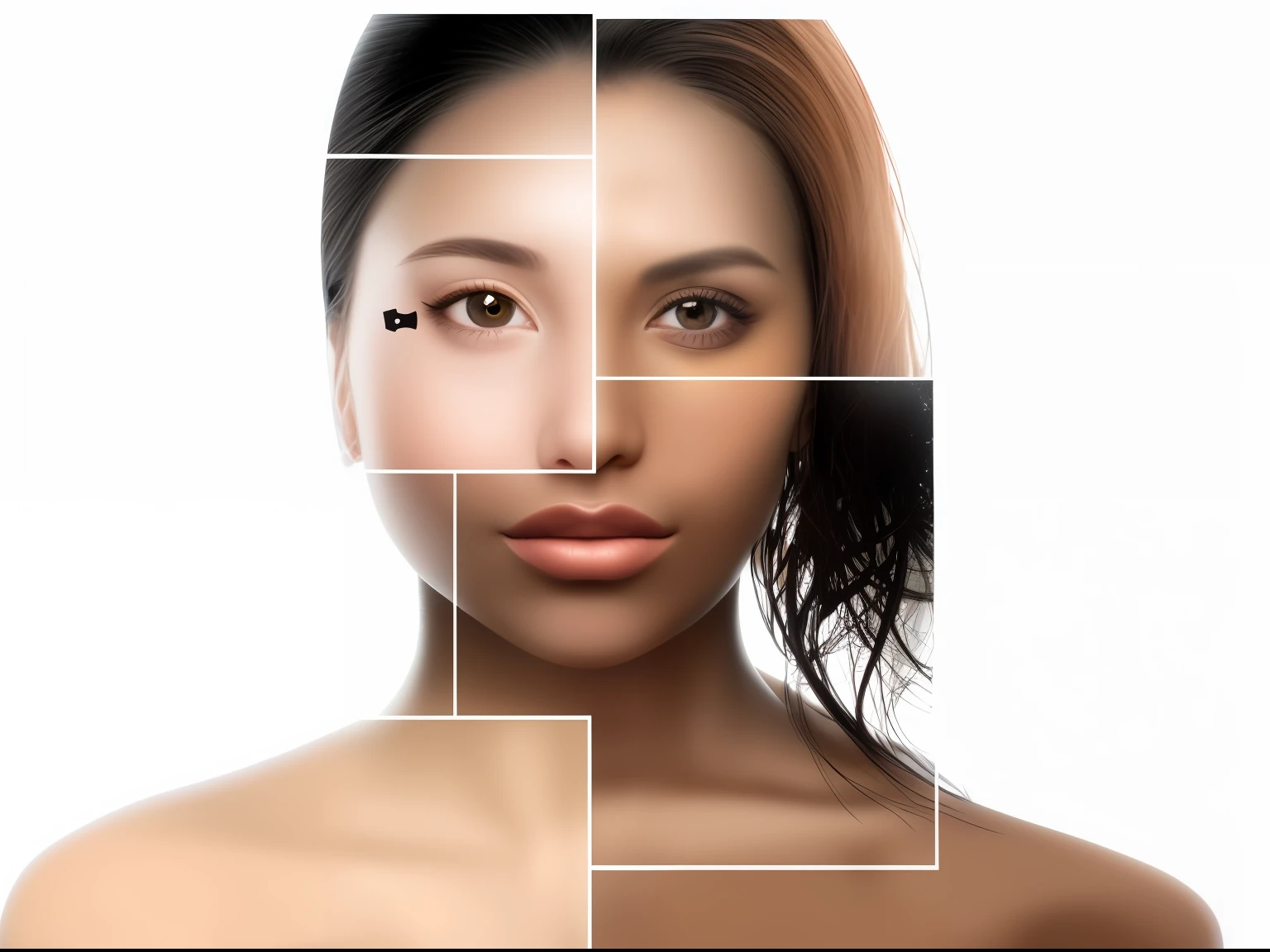A closeup of a woman with face split into puzzle, Put together several pieces of different faces of different women, negra, parda, branca, Asian, estrutura facial quadrada. Symmetrical facial feature with Golden ratio, clean symmetrical face.