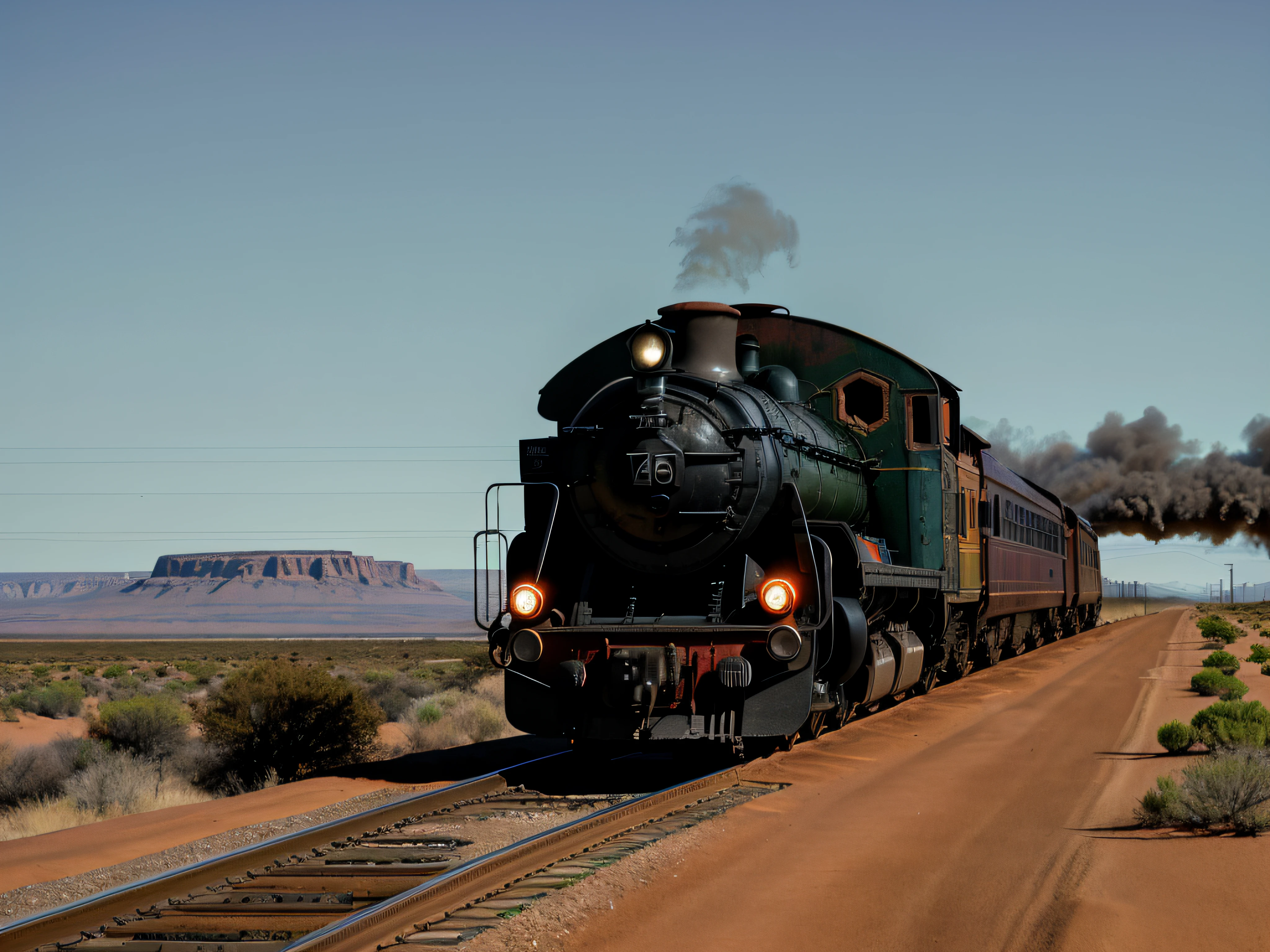 An old steam train, its iron body weathered and worn by the passage of time, chugs along a deserted track that stretches endlessly into the far west. The landscape surrounding the train is a vast expanse of arid desert, with red-orange sand dunes rising and falling like waves frozen in time. The train emits billows of thick black smoke, engulfing the scene in an air of nostalgia and adventure. The warm golden light of the setting sun casts long shadows across the landscape, enhancing the rugged textures and creating a sense of mystery and anticipation. The scene is captured in the style of Ansel Adams, with rich black and white tones that accentuate the train's rustic charm and the stark beauty of the desert. Fujicolor, god rays, Canon, 35mm, f/2.8, super detail, high details, best quality, award winning, 16k, ccurate, masterpiece