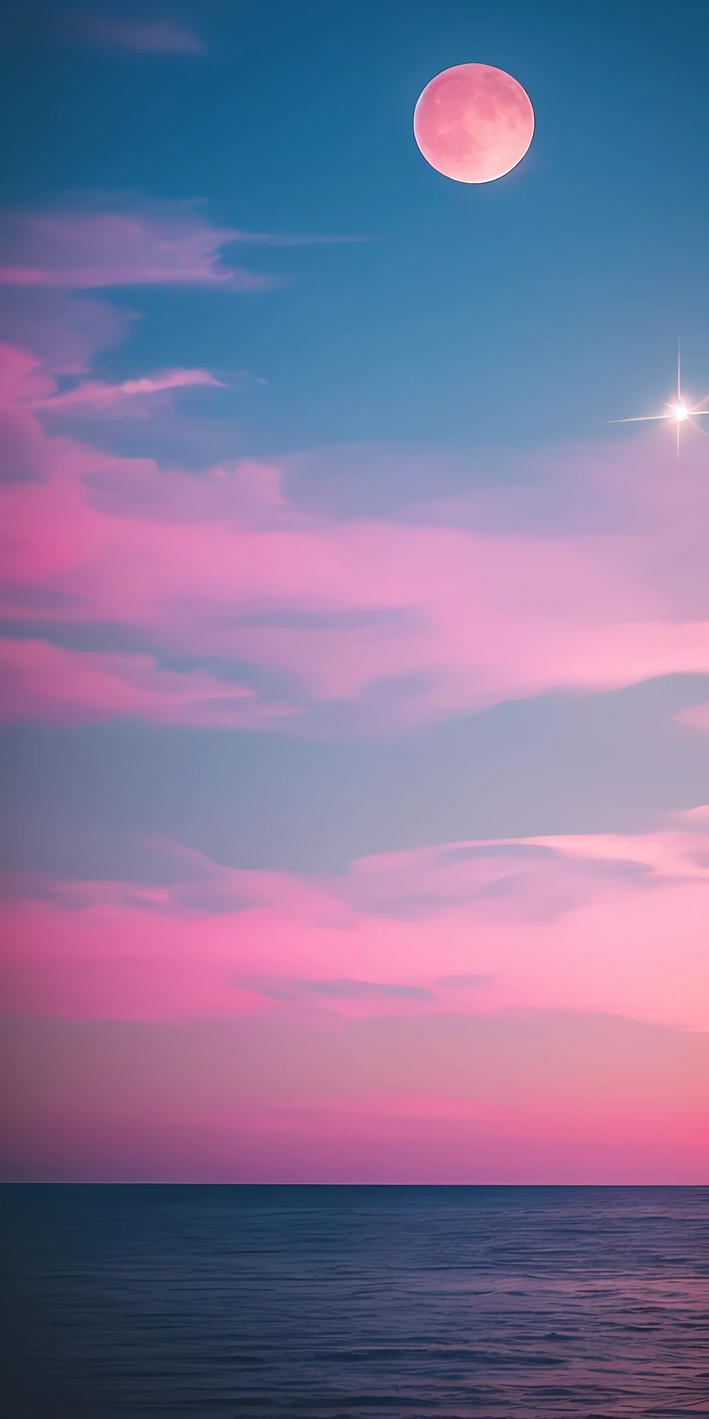 Pink moon, pink sky, soft pink clouds, pink ocean waves sparkling, sparkling, pink roses on pink ocean, fantasy, diamond, crown, universe, soft lights,