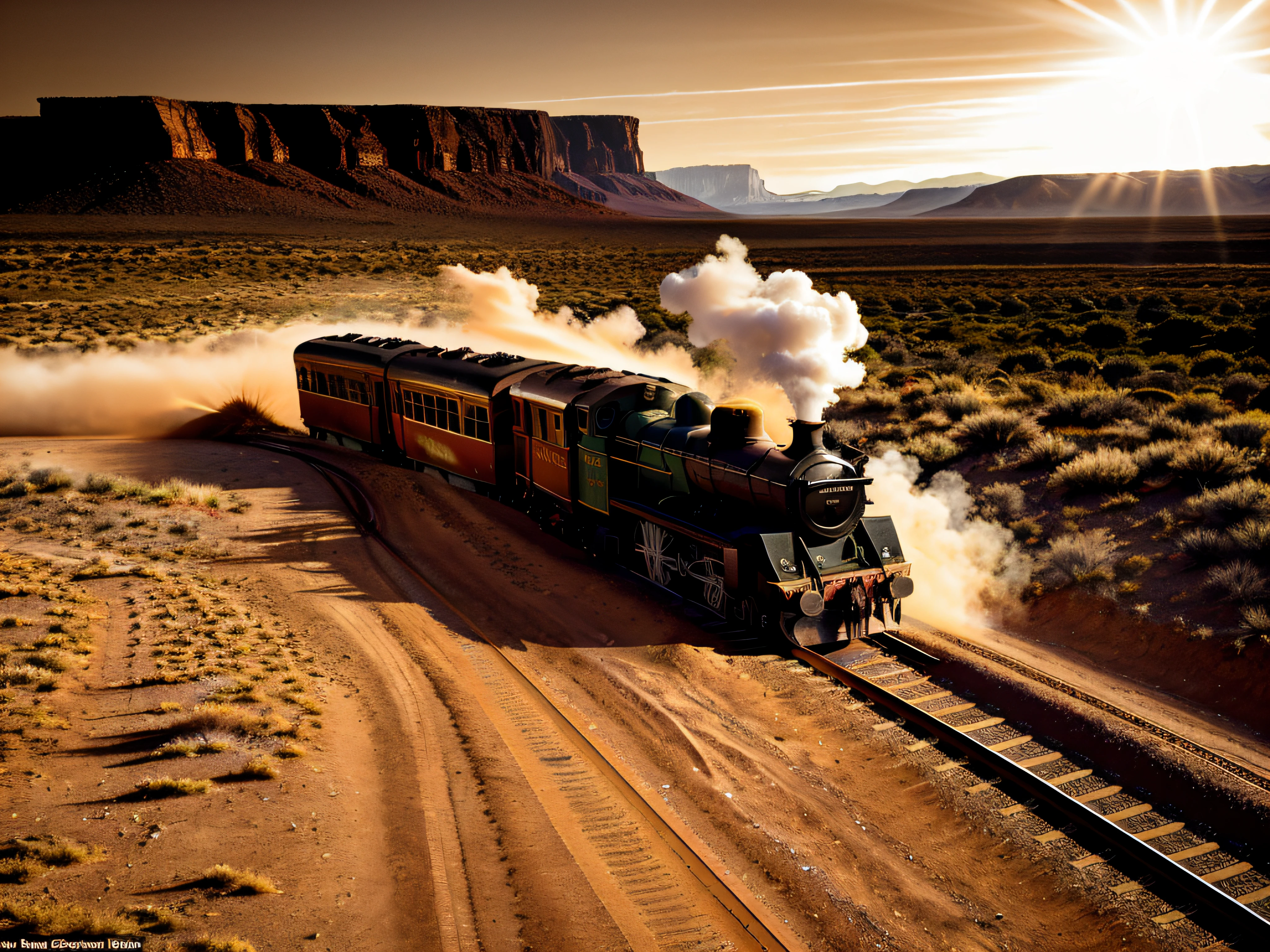 An old steam train, its iron body weathered and worn by the passage of time, chugs along a deserted track that stretches endlessly into the far west. The landscape surrounding the train is a vast expanse of arid desert, with red-orange sand dunes rising and falling like waves frozen in time. The train emits billows of thick black smoke, engulfing the scene in an air of nostalgia and adventure. The warm golden light of the setting sun casts long shadows across the landscape, enhancing the rugged textures and creating a sense of mystery and anticipation. The scene is captured in the style of Ansel Adams, with rich black and white tones that accentuate the train's rustic charm and the stark beauty of the desert. Fujicolor, god rays, Canon, 35mm, f/2.8, super detail, high details, best quality, award winning, 16k, ccurate, masterpiece