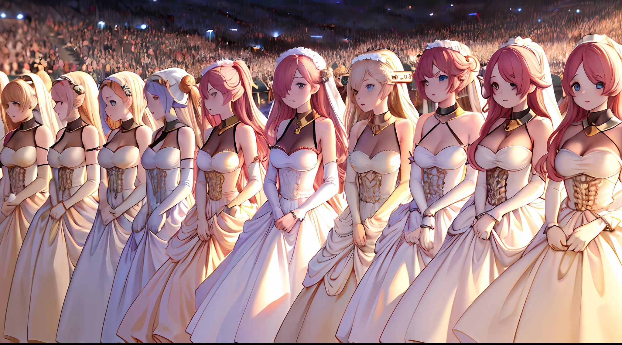 masterpiece, best quality, highres, (thousands of, crowd of), girls, identical sisters, clones, (hair_over one eye:1.2), heterochromia, blue eyes, yellow eyes, crowd shot, mechanical horns, veil, elbow gloves, white dress, long dress, white gloves, short hair, pink hair, bare shoulders, medium breasts, headgear,