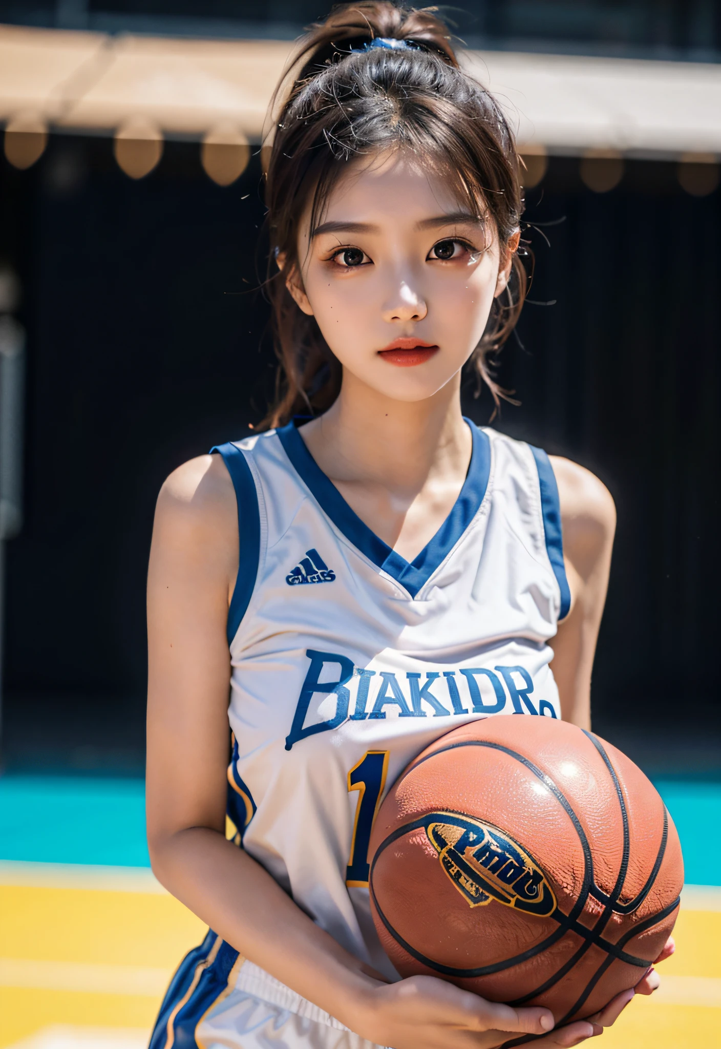 （ best qualtiy， tmasterpiece：1.2），A high resolution，4K,1girll，独奏，Delicate face，real looking skin，Dynamic light and shadow,Sharp focus,depth of fields,The eyes are delicate,pupil realistic, Playful expression， wear basketball uniform，（perfect bodies），（Big breasted 1.1），basketball playground，realisticlying, ultra - detailed, (shiny skins, perspired:1.4), looking at viewert,