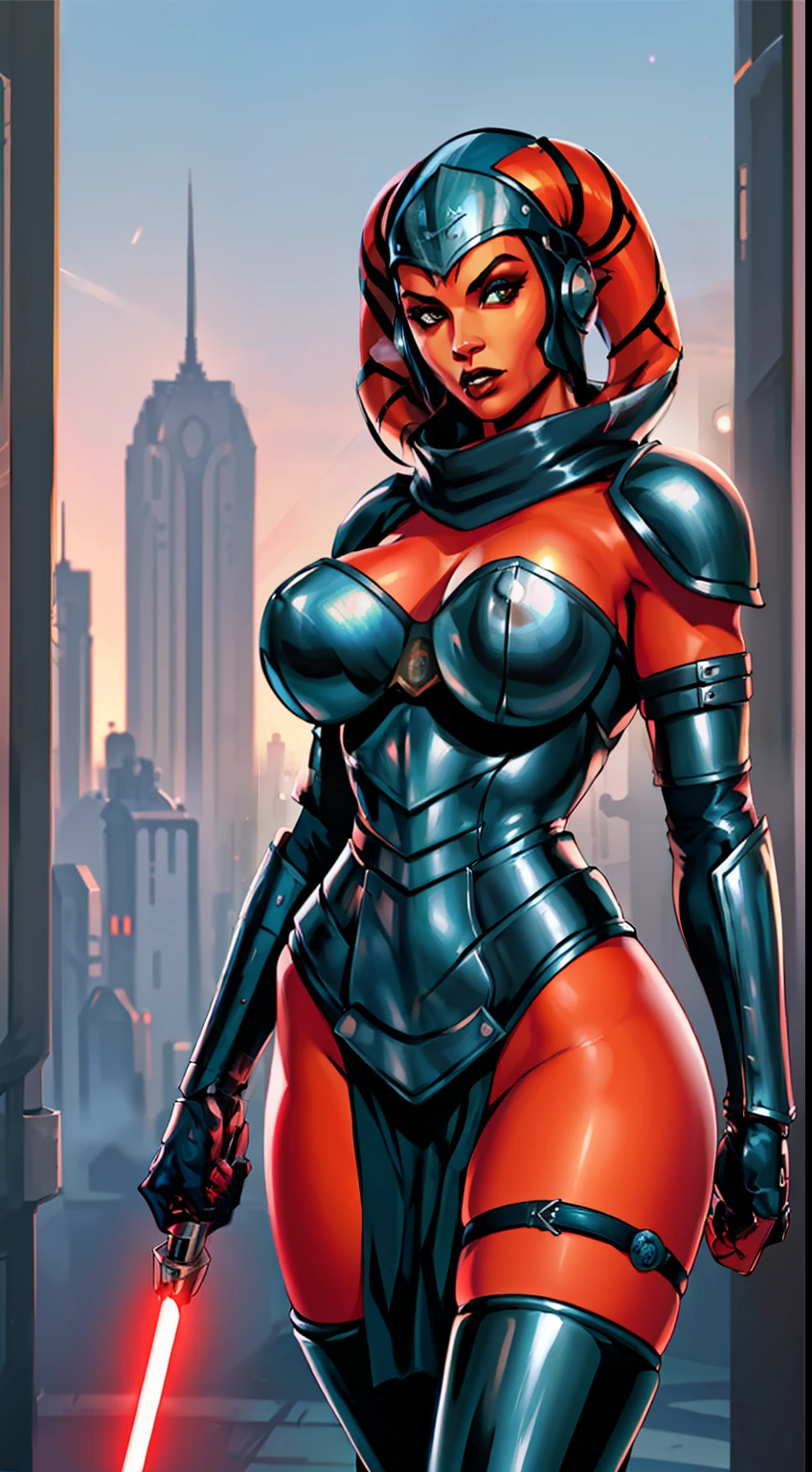 1girl, ((((raised fist)), propaganda poster, sexy pose)), (tall, lithe body, sexy, busty), masterpiece, best quality, high-definition, armor, busty, wearing black spandex morph suit, ((red skin), twi'lek), dual red lightsabers, sexy evil space knight, space ninja, (wearing black ballistic armor, black stealth armor, breastplate, tunic, tabard, cowl, cloak, body glove, straps, buckles, skirts, long sleeves, fantasy, ((armor))), ((busty), slender body, thin, slim sexy body, slim waist, ((huge breasts))), Imperial starship, Star Wars, military parade