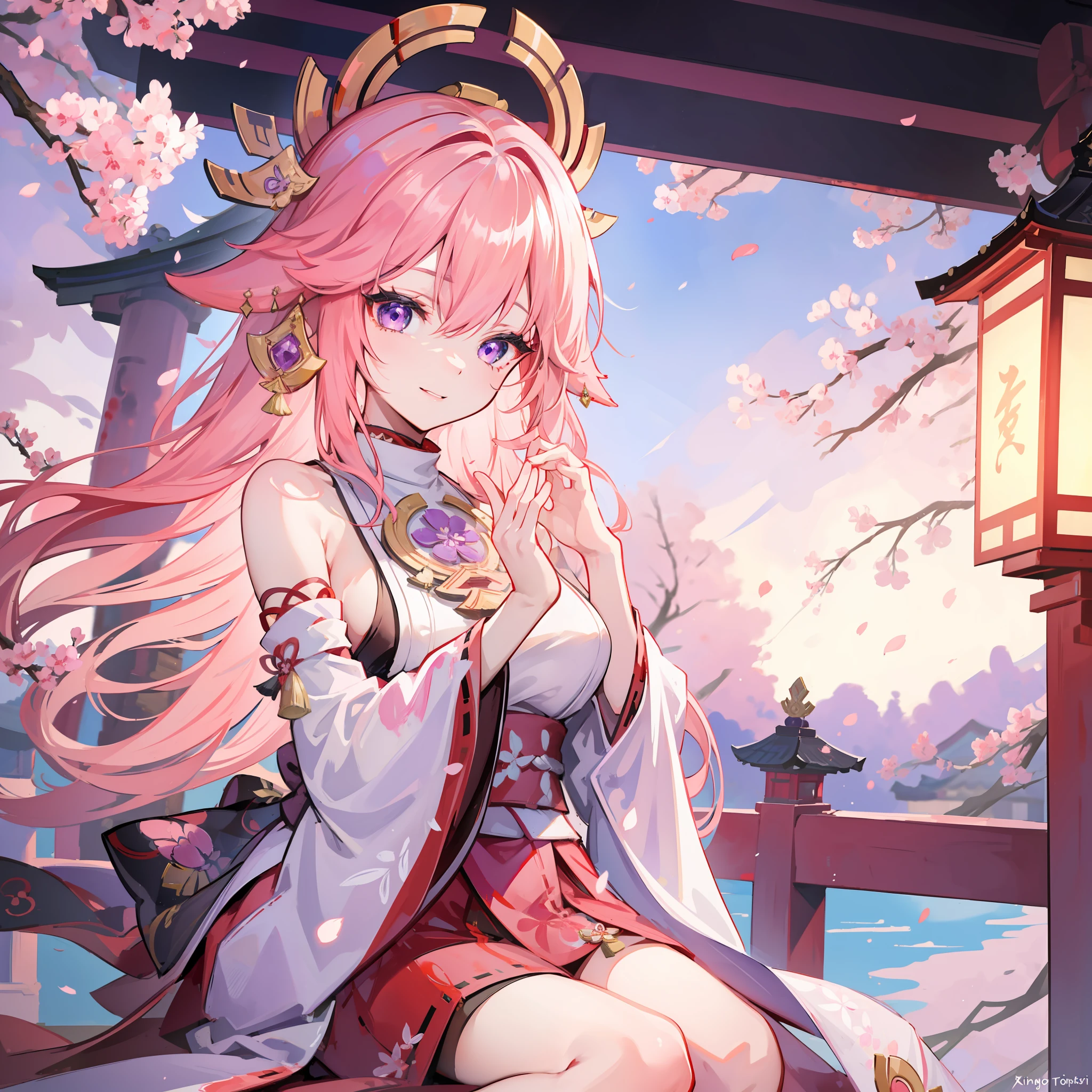 1girl, (ulzzang-6500:0.7), kpop idol, yae miko, detached sleeves, bare shoulders, pink hair, long hair, japanese clothes, best quality, (painting:1.5), (hair ornament:1.35), jewelry, purple eyes, earrings, breasts, torii, cherry blossoms, lantern light, depth of field, detailed face, face focus, ribbon_trim, (looking at viewer:1.25), nontraditional miko, shiny skin, long sleeves, smile, thick lips, game cg, hands on lips, east asian architecture, (blurry background:1.2), sitting, upper body,