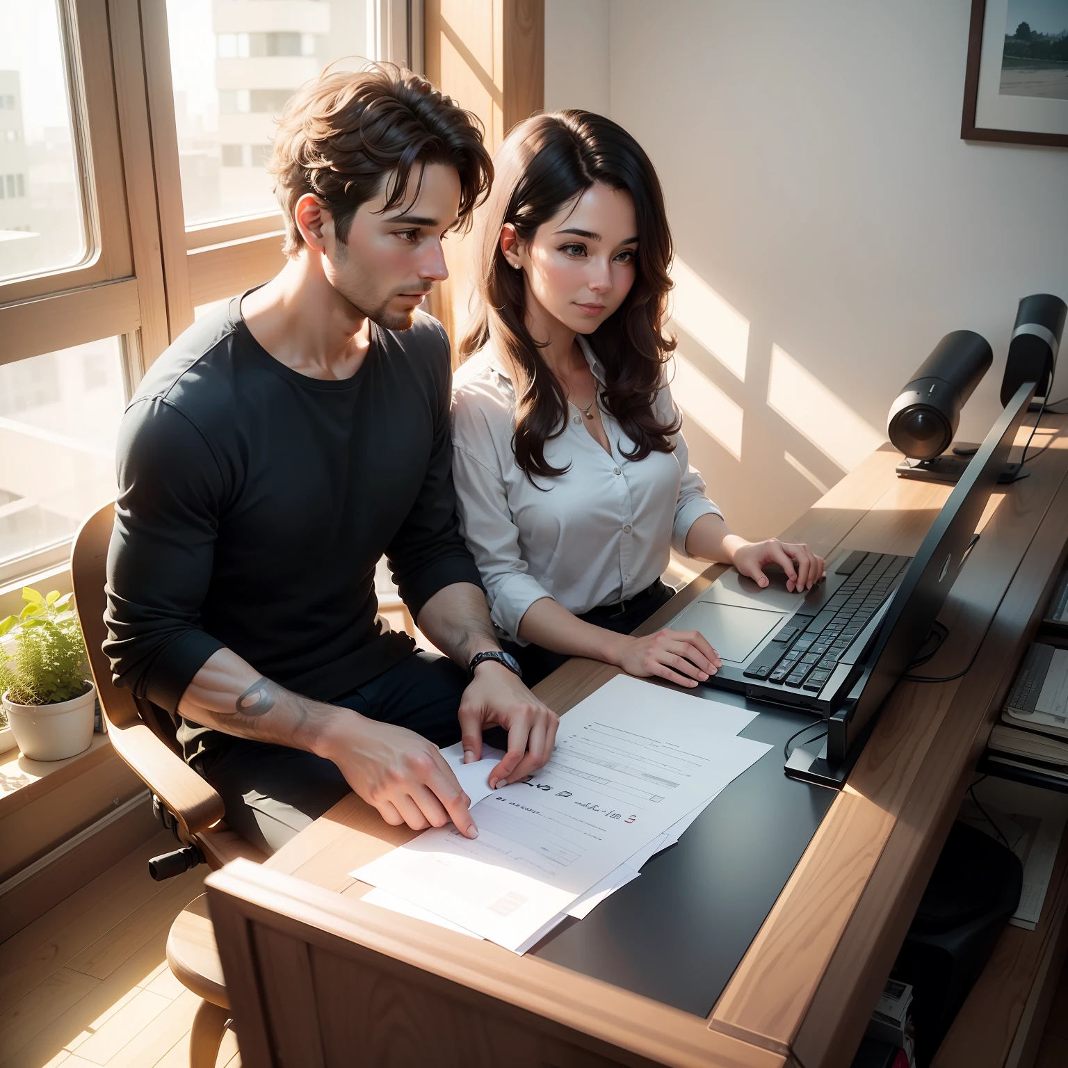 A 30-year-old couple partners to start a company,Own your own business,They work in the study,Each has a computer,There is an upright piano next to it,sun streaming in,The future is promising,The style is simple and fresh