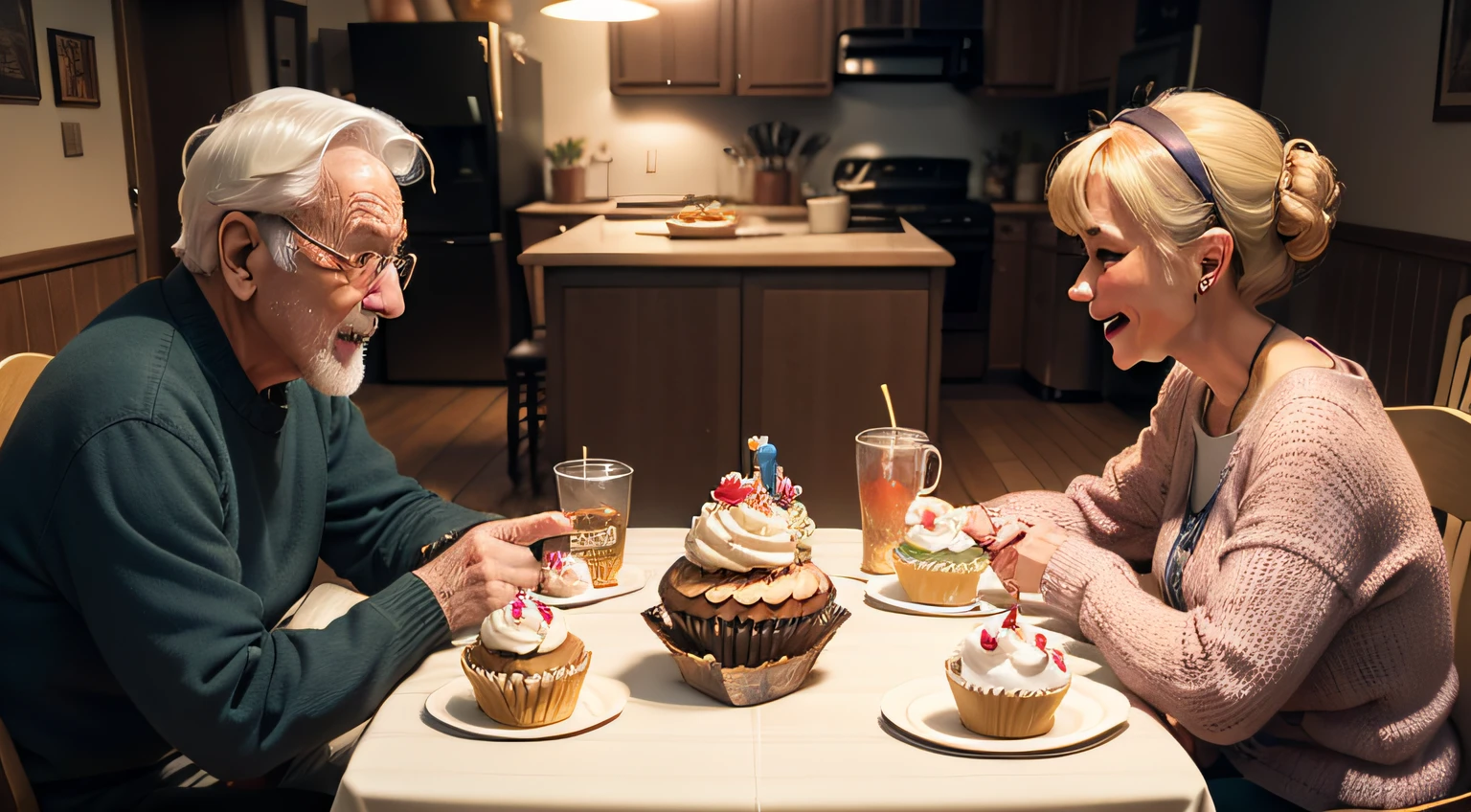 Realistic live-action style，two guys，80-year-old grandmother and 20-year-old granddaughter，Celebrate birthdays together，The two sat opposite each other，Indoors，Family dining table，wide angles，Furniture arrangement，Warm，cheerfulness，Cupcakes，happy birthay