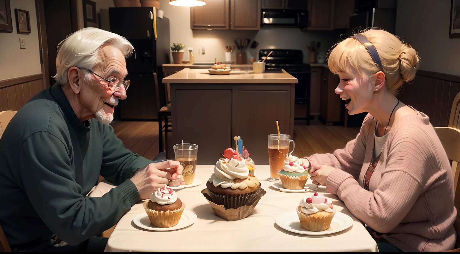 Realistic live-action style,two guys,80-year-old grandmother and 20-year-old granddaughter,Celebrate birthdays together,The two sat opposite each other,Indoors,Family dining table,wide angles,Furniture arrangement,Warm,cheerfulness,Cupcakes,happy birthay