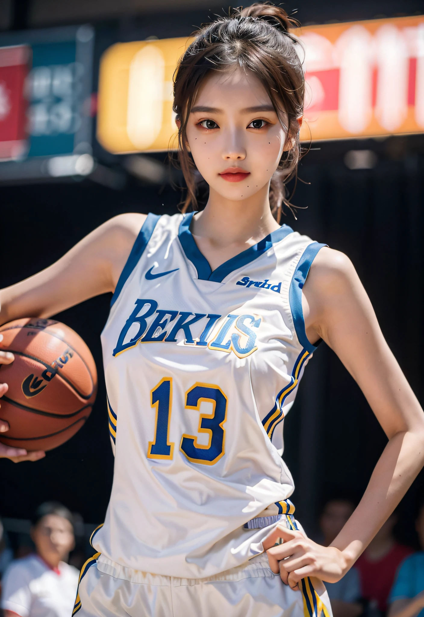 （ best qualtiy， tmasterpiece：1.2），A high resolution，4K,1girll，独奏，Delicate face，real looking skin，Dynamic light and shadow,Sharp focus,depth of fields,The eyes are delicate,pupil realistic, Playful expression， wear basketball uniform，（perfect bodies），（Big breasted 1.1），basketball playground，realisticlying, ultra - detailed, (shiny skins, perspired:1.4), looking at viewert,