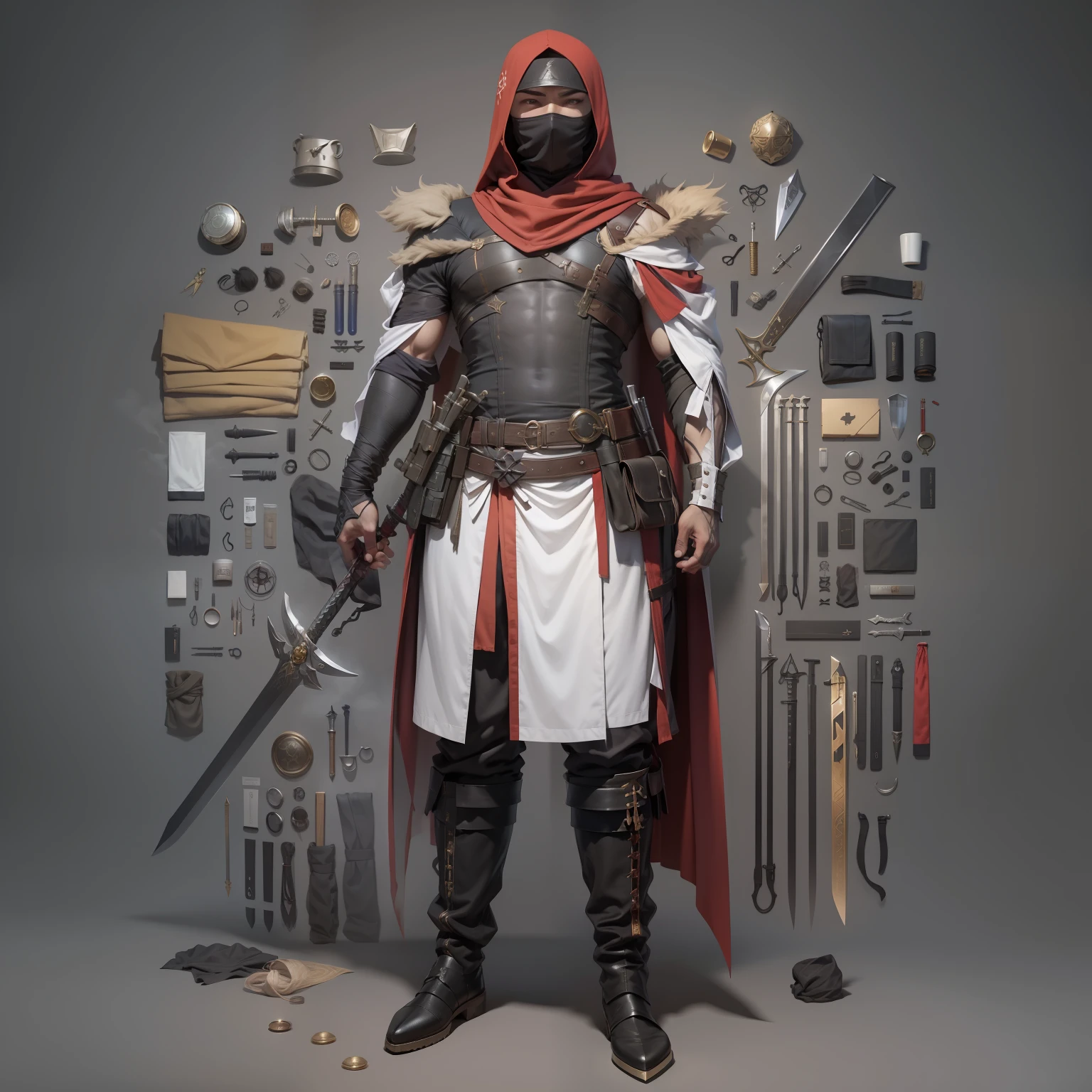3 d model,New coffee products, arma, The sword, halter, Weapons of the future, 32K, Linen cloak, Top quality, Masterpiece:Faust,,1 child, short detailed hair, thin fog, On your stomach, (tmasterpiece,k hd,hyper HD,16k),clutching a sword, buliding, Reflectors, bloods, Eastern Asia, Weapon focus, Skysky, brunette color hair, knifes, shorter pants, fumo, Mist, The clothes ar, bandagens, sword sheath, Masks, 独奏