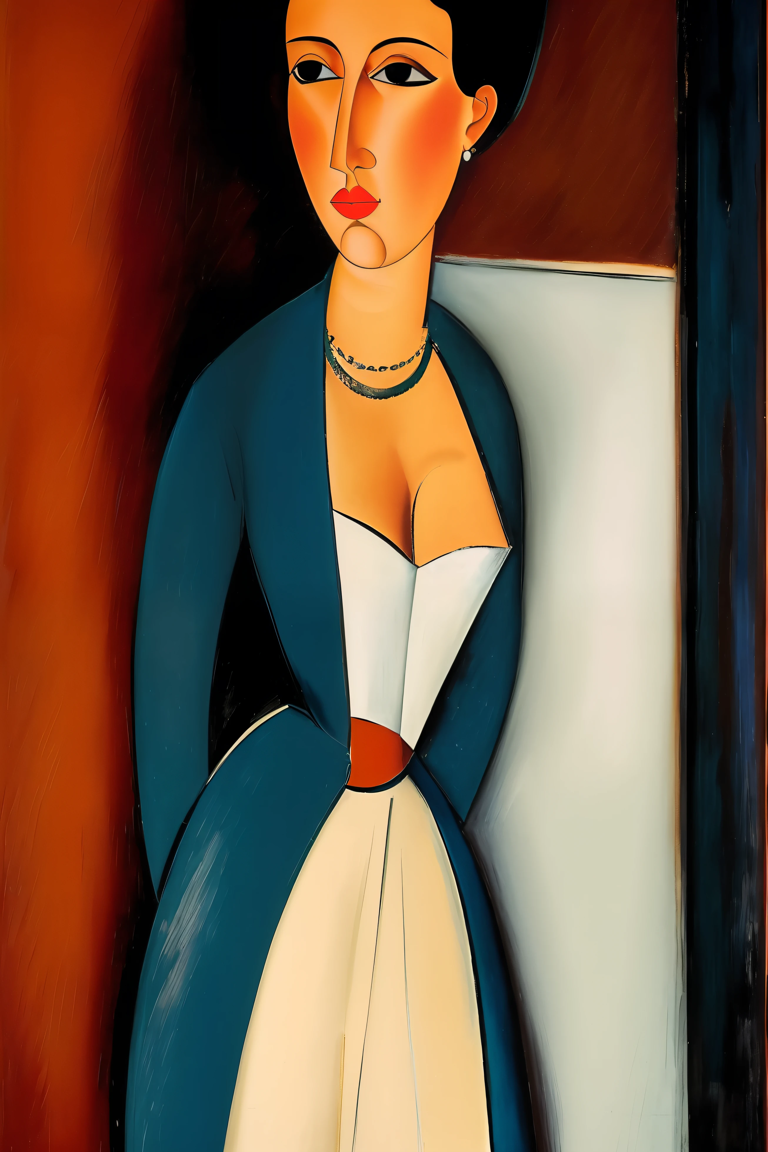((personajes de las obras de Amedeo Modigliani, en una fiesta , representados en posicion parada o sentada como figuran en las obras de arte, completar las partes de personajes no representados en las obras)), Salon de un restaurante de Paris a comienzos del siglo 20, represented in the style of Amedeo Modigliani Film lighting, ultra detallado, Pintura digital, Artstation, arte conceptual, Suave, foco nítido, illustration, (piel alta y detallada:1.2), 8k UHD, DSLR, Soft lighting, alta calidad, Film grain, Fujifilm XT3 mix4 Wildstyle RAW foto,