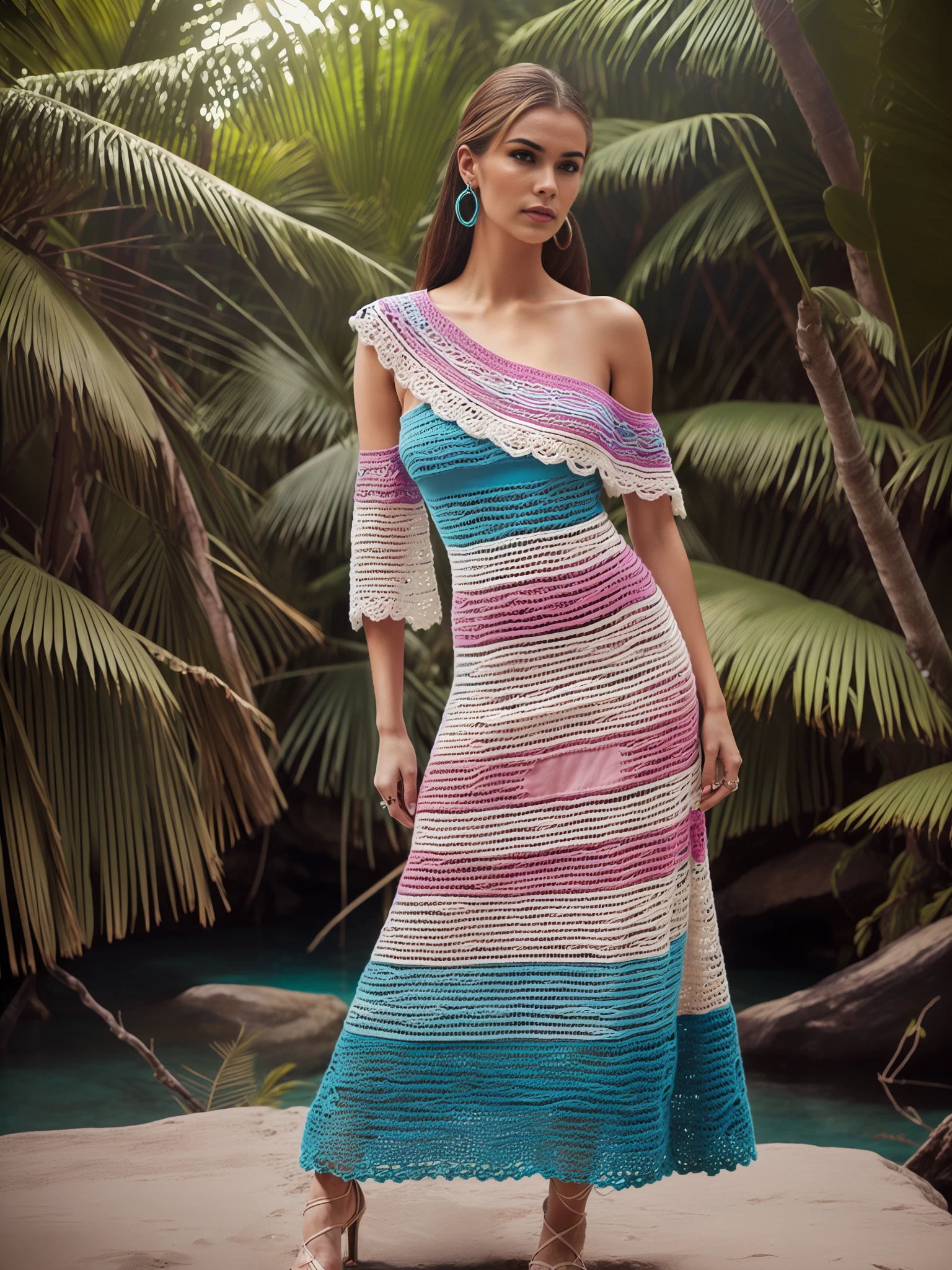 duas sulper modelos posando interativamente para foto editorial de revista de moda apresenta rosto latino de 23 anos em ((retro style dress made of CROCHE weaves manuals, apply details crochet weave Design long style (single shoulder) Modern nature axuberante retro detailed printing in vivid colors, Colouring, vibrant colors posing a paradisiacal cliff in the background sexy look, Supermodelo brasileira, Estilo sexy, usando vestido longo, usando um vestido ombro unico, Suporte de vestido, beleza de cair o queixo, Retrato Sophie Mudd, Dua Lipa, sexy :8, usando vestido perfeito, Cinematic lighting, camada de zoom,Vista a 5 metros , super detalhe, pele texturizada, anatomicamente correto, UHD, ambienete natural, fundo paradisiaco