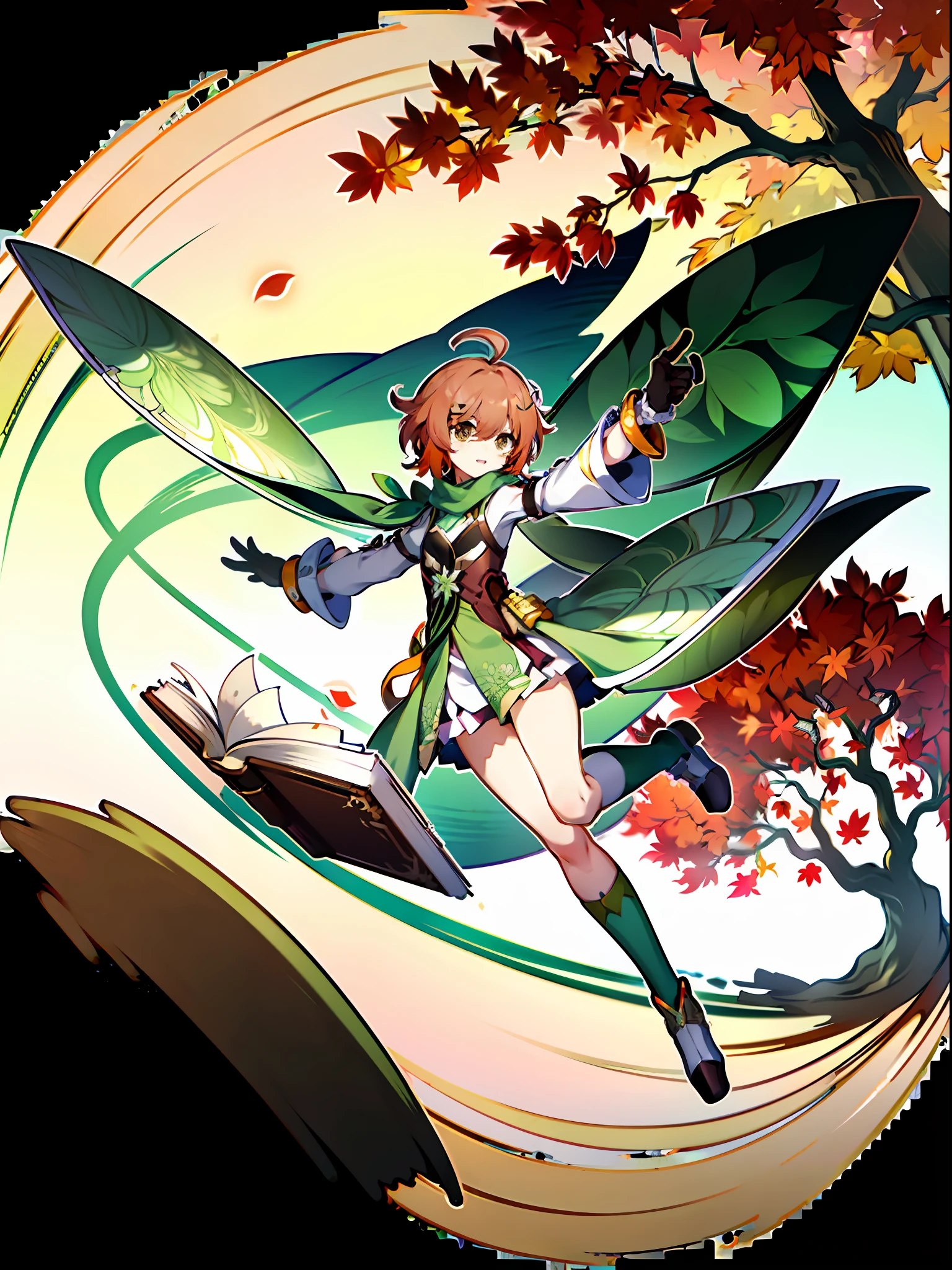 (masterpiece), best quality, expressive eyes, perfect face, ((small, cartoon, anime)), happy, tiny, cute, young girl, short hair, simple design, bangs, ((green hat, brown sling bag, green scarf, gloves, skirt, shoes)) young, ((brown eyes, green reflections, orange highlights)), (unique outfit, patterns, long cape, tree design on skirt, long-sleeved with leaves, cuffs, knee high socks, shirt asymmetry, orange hair, hair pin, flying book), fullbody, full body, splash screen, (swirling background, dynamic scene, autumn, ahoge) 18th century clothing, genshin impact, green ivy cap, green hat, sling bag