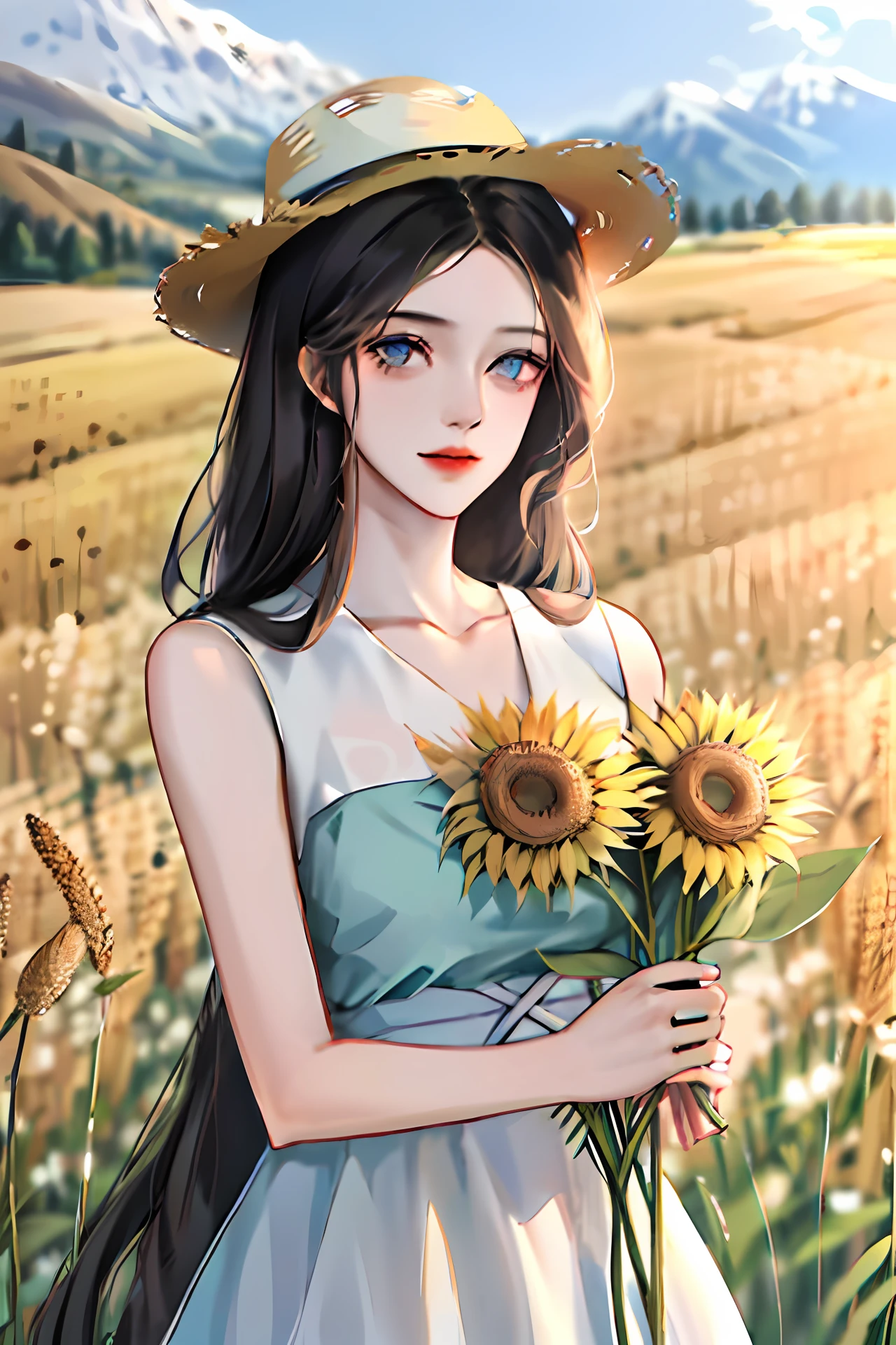 a woman,White,straw hat, dress,grassland,flower,mountain valley,Wheat field,Black hair,blue eyes,farmer