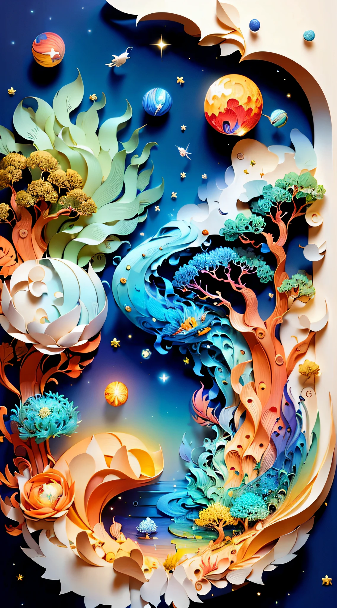 (((masterpiece))),best quality, illustration, earth, water ,fire, wind , space  , paper_cut,