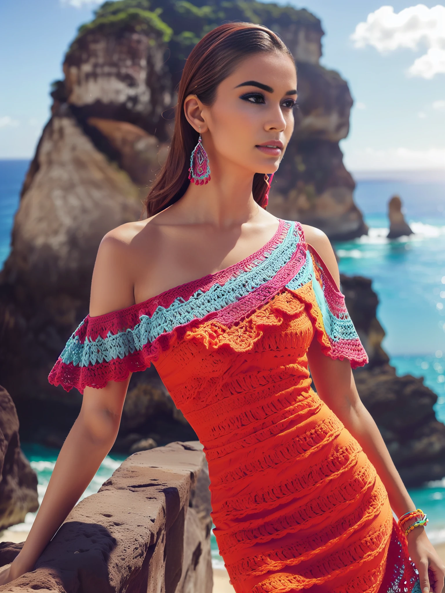 duas sulper modelos posando interativamente para foto editorial de revista de moda apresenta rosto latino de 23 anos em ((retro style dress made of CROCHE weaves manuals, apply details crochet weave Design long style (single shoulder) Modern nature axuberante retro detailed printing in vivid colors, Colouring, vibrant colors posing a paradisiacal cliff in the background sexy look, Supermodelo brasileira, Estilo sexy, usando vestido longo, usando um vestido ombro unico, Suporte de vestido, beleza de cair o queixo, Retrato Sophie Mudd, Dua Lipa, sexy :8, usando vestido perfeito, Cinematic lighting, camada de zoom,Vista a 5 metros , super detalhe, pele texturizada, anatomicamente correto, UHD, ambienete natural, fundo paradisiaco