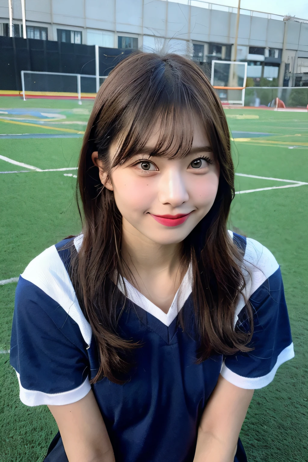 Nice perfect face with soft skin、8K分辨率、A hyper-realistic、ultra-detailliert、top-quality、超A high resolution、professionally lit、Photon Mapping、Radio City、physically-based renderingt、Cinematic Lighting、(athletic field:1.5)、depth of fields、Focusing、Good composition、1人、(full bodyesbian:1.4)、(Keep your mouth shut)、Beautiful eyes、the pose、Constriction、Red Marathon Uniform、A dark-haired、Unkempt hair、Cowboy short hair fluttering in the wind、(Doing a marathon:1.3)、Mature mature young woman、Sareme、Super cute