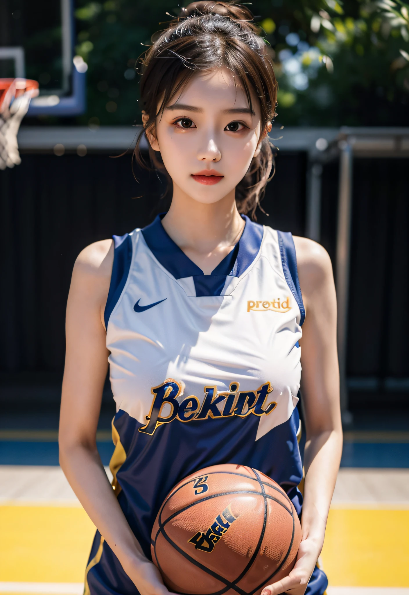 （ best qualtiy， tmasterpiece：1.2），A high resolution，4K,1girll，独奏，Delicate face，real looking skin，Dynamic light and shadow,Sharp focus,depth of fields,The eyes are delicate,pupil realistic, Playful expression， wear basketball uniform，（perfect bodies），（Big breasted 1.3），basketball playground，realisticlying, ultra - detailed, (shiny skins, perspired:1.4), looking at viewert,