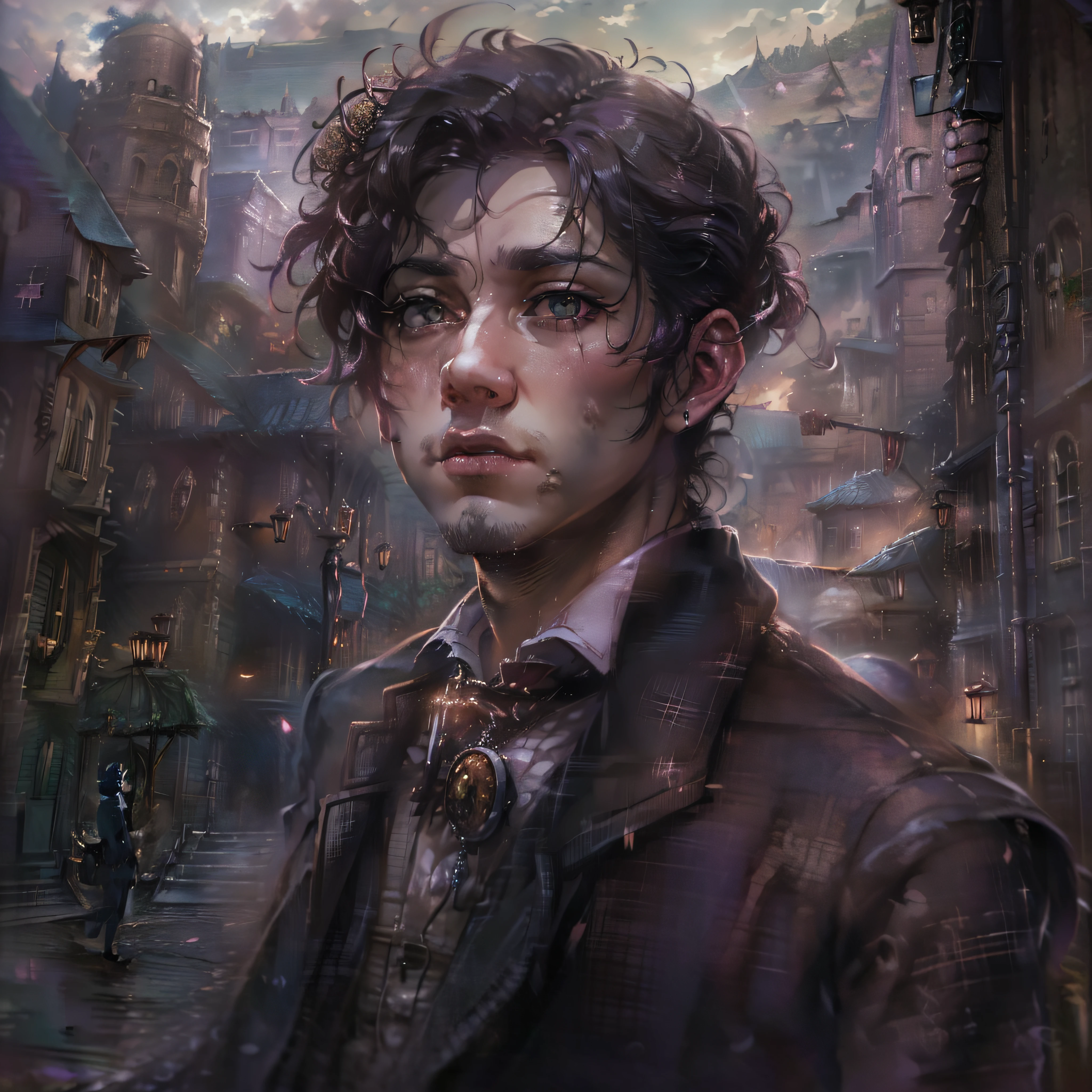 masterpiece、Melancholy young man、Poor figure、tense look、fine lines、Young man in withered black suit、1a person々youthfulness、Landscape with rusty shades、20Century London、Sherlock Holmes & The city of London where John Watson played an active role、Victorian、RAW photo of a landscape、detaile、Photorealsitic、hyper realistic photography、8K UHD、Digital SLR、Soft lighting、hightquality、film grains、FujifilmXT3、(masterpiece)、Human perspective、People's eye level、masterpiece、top-quality、Highly elaborate CG Unity 8K wallpapers、an oil painting、awardwinning photo、Bokeh、depth of fields、nffsw、bloom、chromatic abberation、Photorealsitic、Very detailed、art stations、Trending on CGSociety、Convoluted、high details、Dramatic、Volumetric lighting、artwork in the style of guweiz, guweiz masterpiece, guweiz on pixiv artstation, guweiz, guweiz on artstation pixiv, by Yang J, in the art style of bowater, loish and wlop