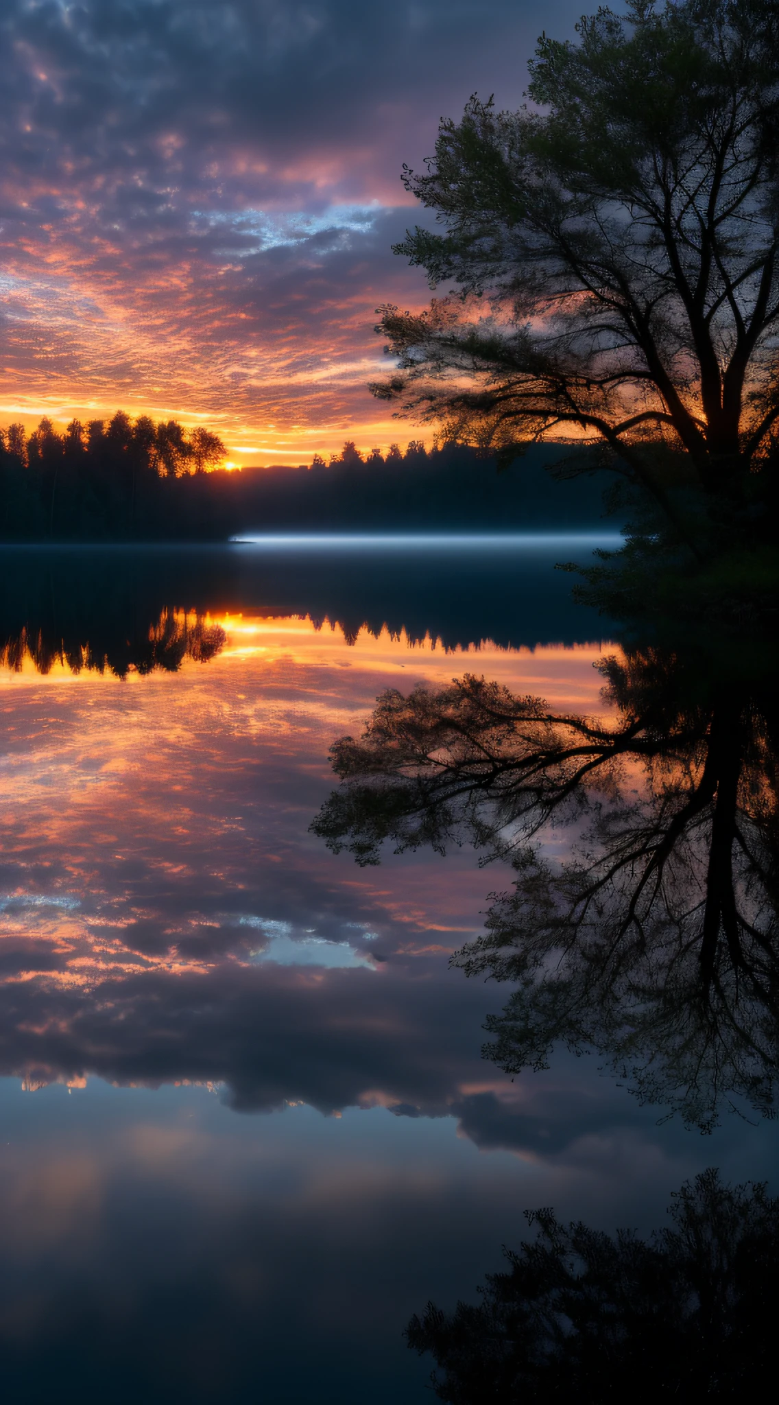 Wallpaper, summer, lake, dawn, forest, clouds, dawn background, depth of field, HD detail, hyperdetail, cinematic, soft light, deep field focus bokeh, ray tracing, diffuse (ultra-fine glass reflection) and realism. --v6