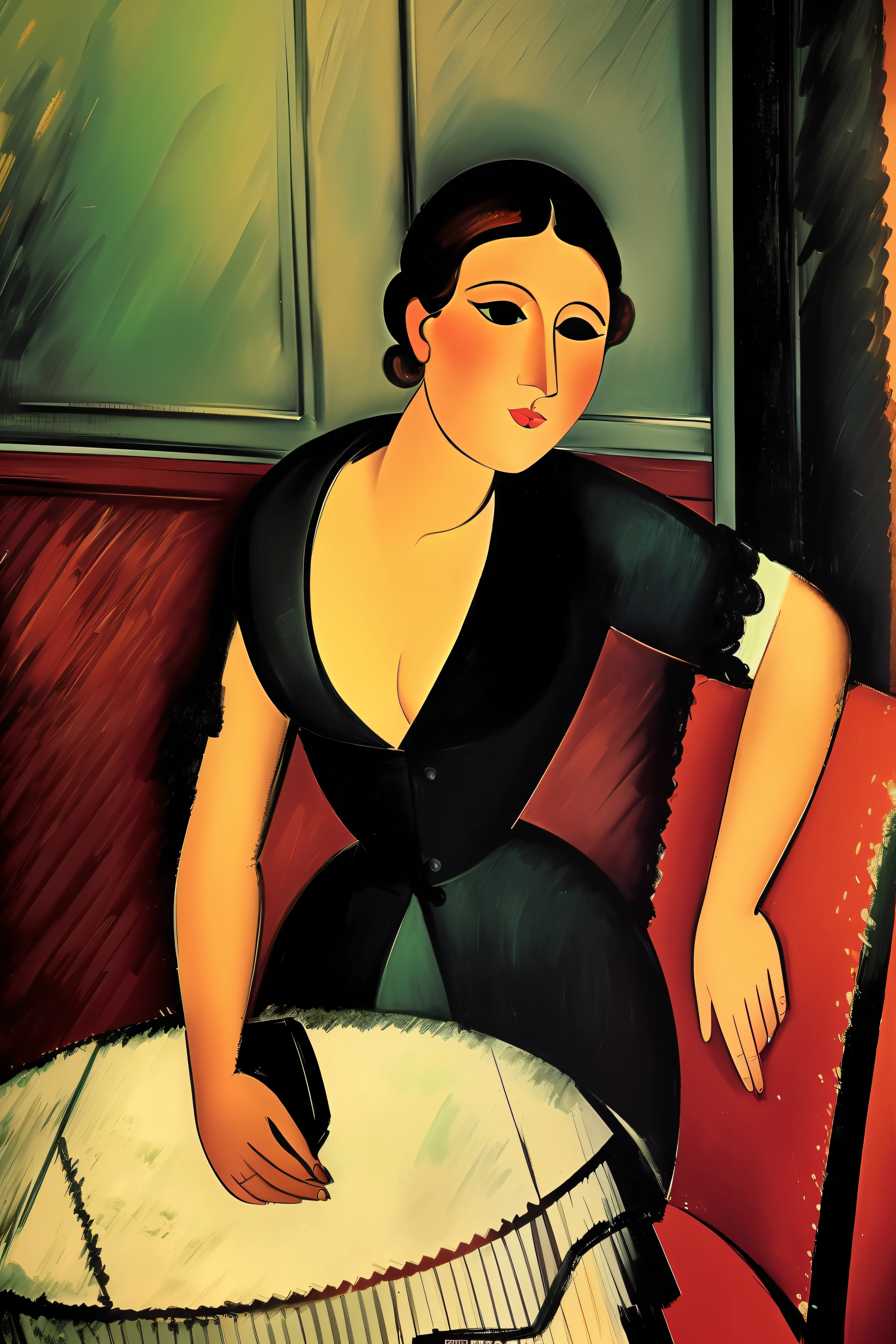 a party in a Paris restaurant lounge at the beginning of the 20th century, los invitados son ((characters from the works of Amedeo Modigliani represented in a standing position or sitting according to the composition of the image to be generated ))cinematography lighting, ultra detallado, Pintura digital, Artstation, arte conceptual, Suave, foco nítido, illustration, (piel alta y detallada:1.2), 8k UHD, DSLR, Soft lighting, alta calidad, Film grain, Fujifilm XT3 mix4 Wildstyle RAW foto,