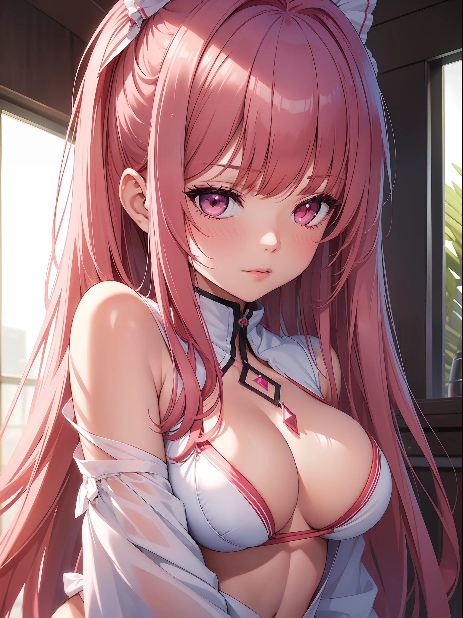 （Top quality ultra-detailed CG art、Upper body naked、bikini in pink color：１.２）、near future,Reddish-purple hair、Mid summer、Delicate body、Bangs、It features a simple、Hairpin、red blush、s asleep、Red Eye、Beautiful princess、makina、Blue light-emitting diode、