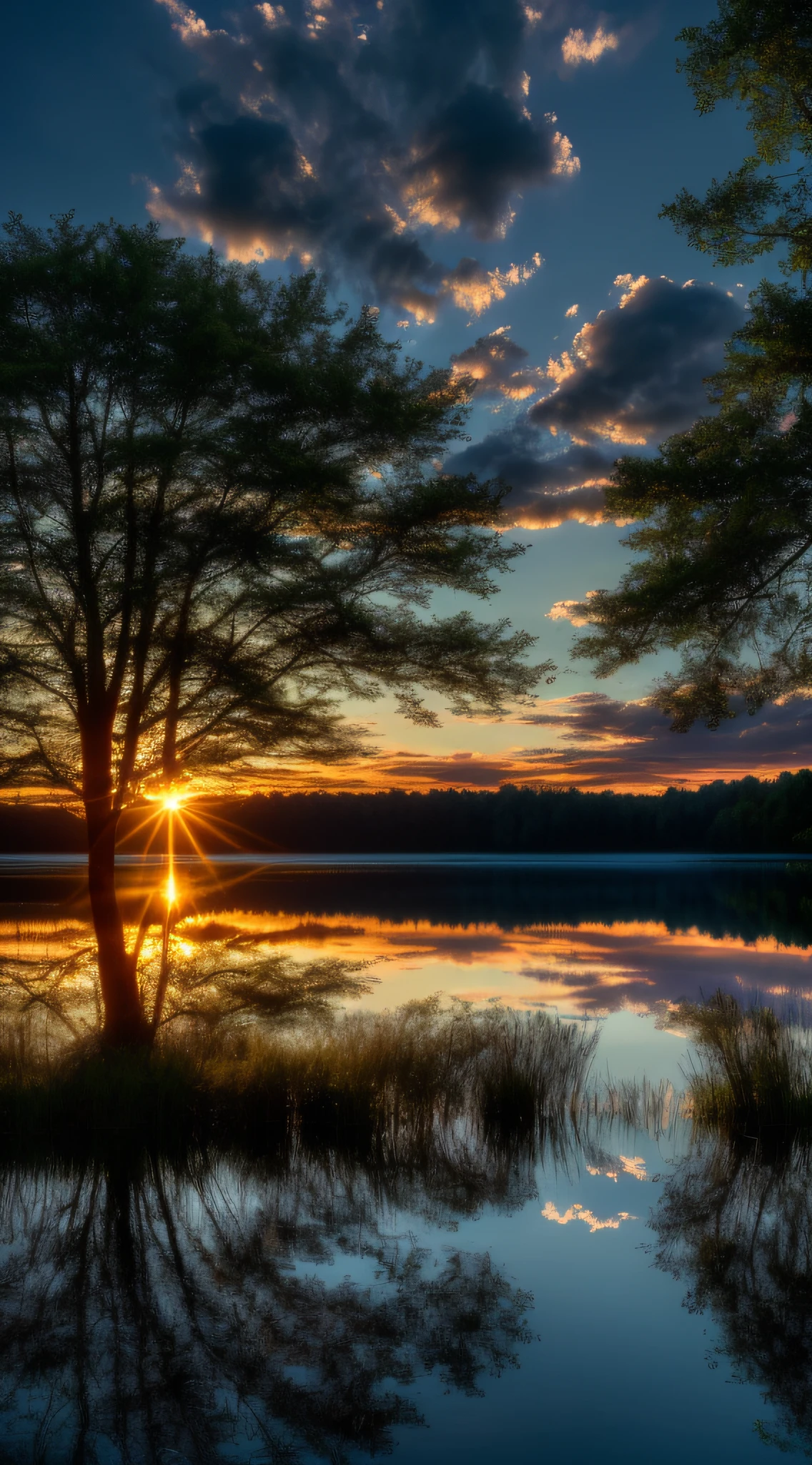 Wallpaper, summer, lake, dawn, forest, clouds, dawn background, depth of field, HD detail, hyperdetail, cinematic, soft light, deep field focus bokeh, ray tracing, diffuse (ultra-fine glass reflection) and realism. --v6