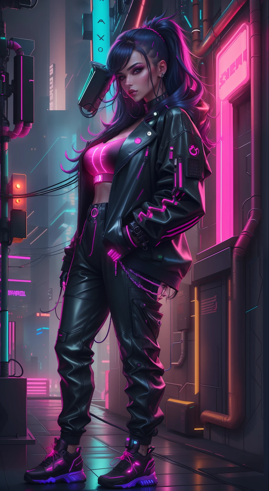 a close up of a woman in a neon outfit talking on a cell phone, cyberpunk vibe, cyberpunk with neon lighting, bright cyberpunk glow, cyberpunk vibes, cyberpunk lighting, cyberpunk style, neon cyberpunk style, in cyberpunk style, cyberpunk look, dreamy cyberpunk girl, cyberpunk photo, neon cyberpunk, cyberpunk aesthetic, cyberpunk streetwear, aesthetic cyberpunk, cyberpunk art style, wearing cyberpunk streetwear,jacket, perfect fingers,neaon hair color, detail phone, detail hair,long Pants neon black, beautiful face,hair wavy,shoes neon black detailed,