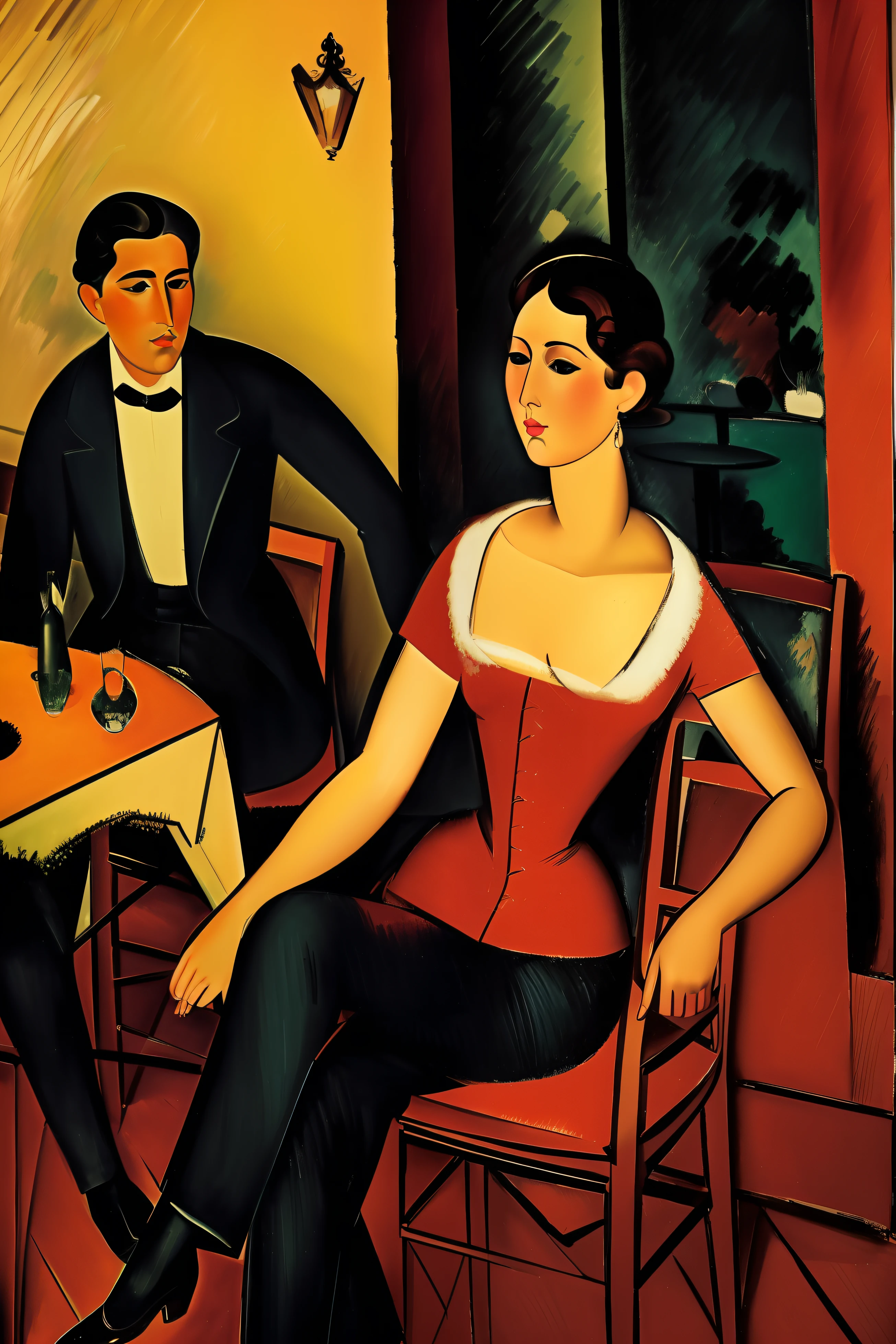 a party in a Paris restaurant lounge at the beginning of the 20th century, los invitados son  ((characters from the works of Amedeo Modigliani represented in a standing position or sitting according to the composition of the image to be generated ))cinematography lighting, ultra detallado, Pintura digital, Artstation, arte conceptual, Suave, foco nítido, illustration, (piel alta y detallada:1.2), 8k UHD, DSLR, Soft lighting, alta calidad, Film grain, Fujifilm XT3 mix4 Wildstyle RAW foto,