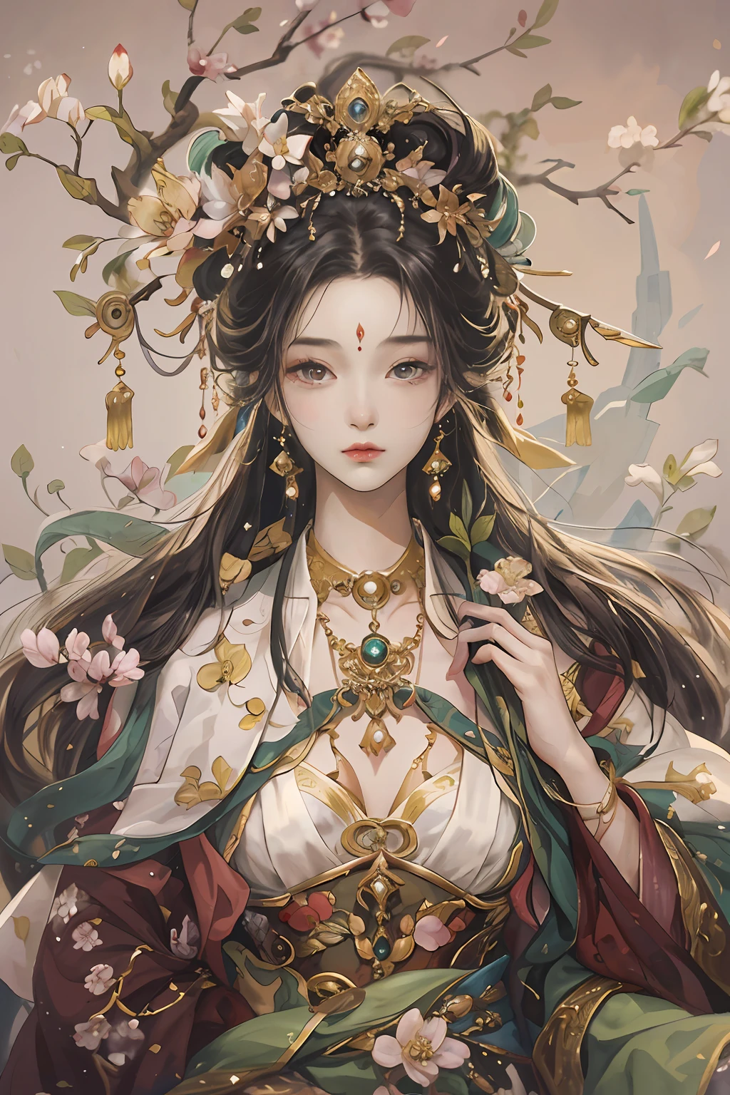 Original,(illustratio:1.1),(best qualtiy),(tmasterpiece:1.1),(the Extremely Detailed CG Unity 8K Wallpapers),(a color:1.2),1 Plum Blossom God,goddes,Bust,ancient costume,best qualtiy,Extremely detailed jewelry,Plum petals,scenecy,rios|Wagas,