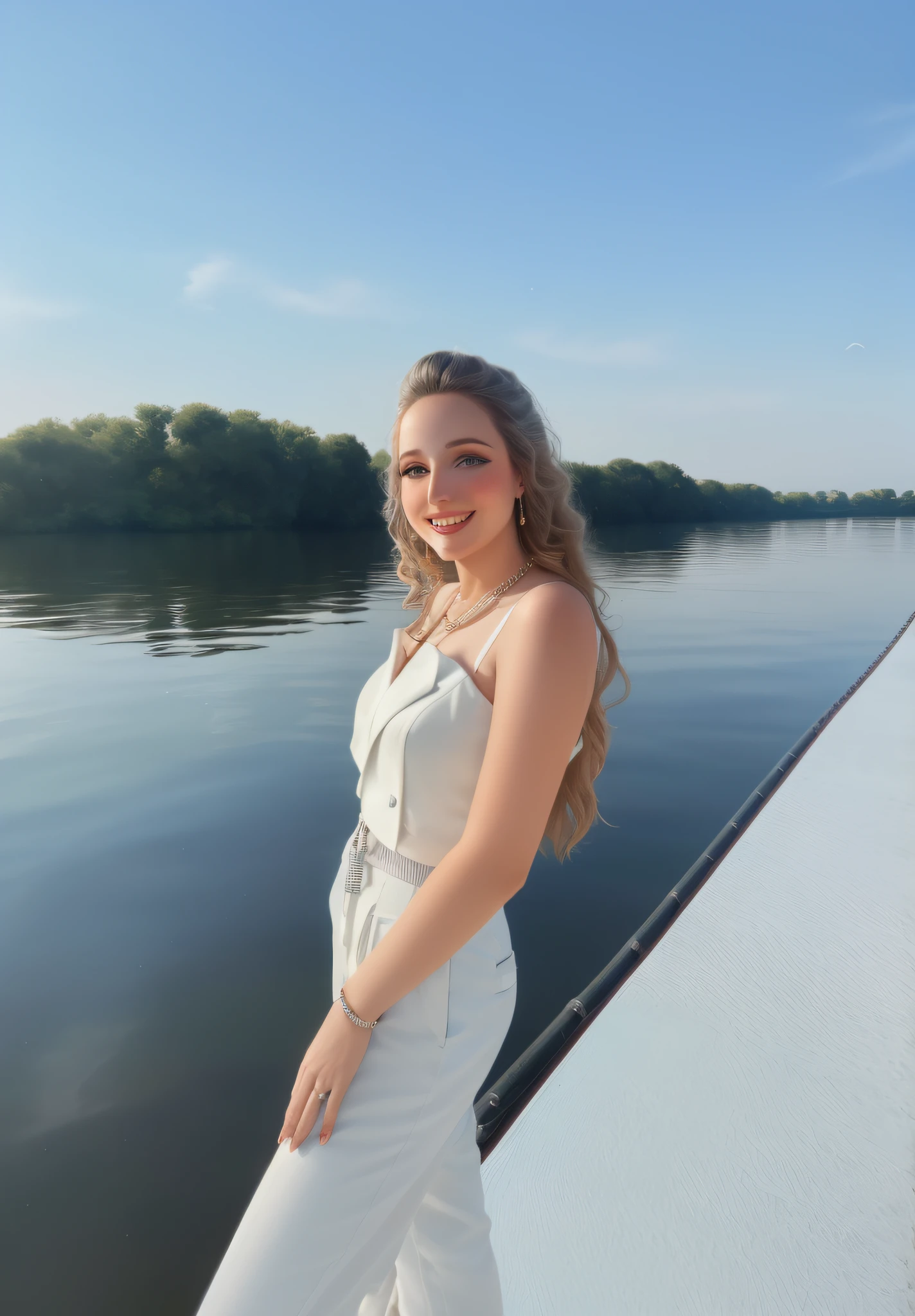 Arafed is a woman in a white suit and trousers, standing on the pier by the pond, on a boat, River in the background, on a boat on a lake, photo taken in 2 0 2 0, Kylie Mandel, on a lake, on a bridge, beautiful and smiling, standing next to water, summer evening, magdalena radziej