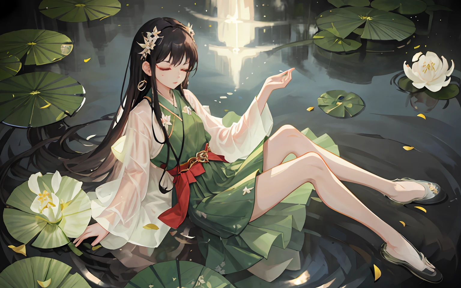 Dark green Hanfu, a woman, cool, fair skin, sea of flowers, pond, petals floating on the water, lily, clavicle, eyes closed, half submerged in water, dark background, moonlight, hairpin, jade pendant, Hanfu, delicate faces, hair accessories, red lips, skirts, belts, jewelry, long hair, earrings, , strands of hair, perfect body proportions, wet, slender legs, bridges,