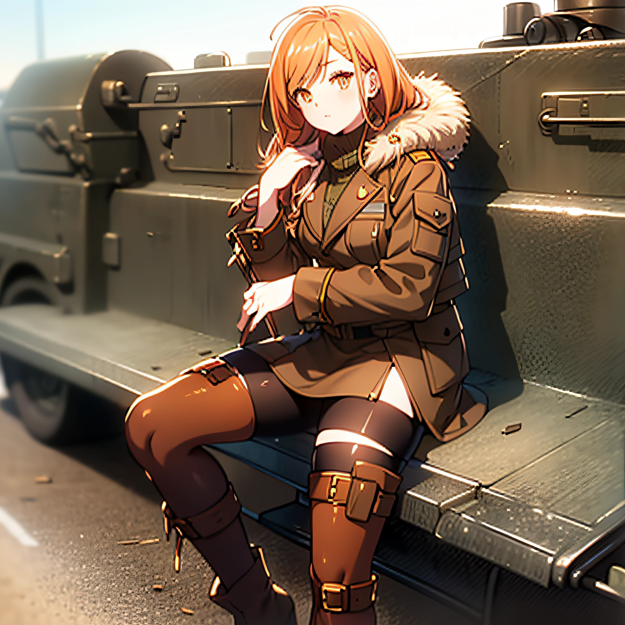 orange eyes light,richly faded light long orange hair, anime 1girl, brown military boots,khaki jacket with fur-trimmed, (good leg:1.1), (best hand:1.2), on military car truck,